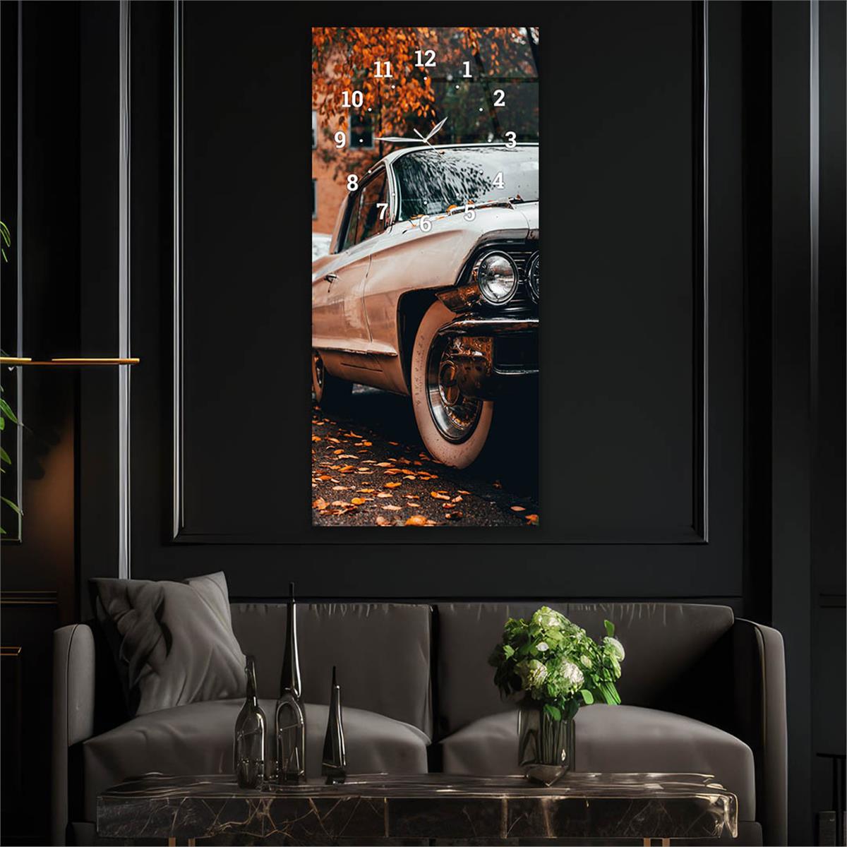 Dikey Üstten Saatli Sanat Temalı Cam Tablo 002