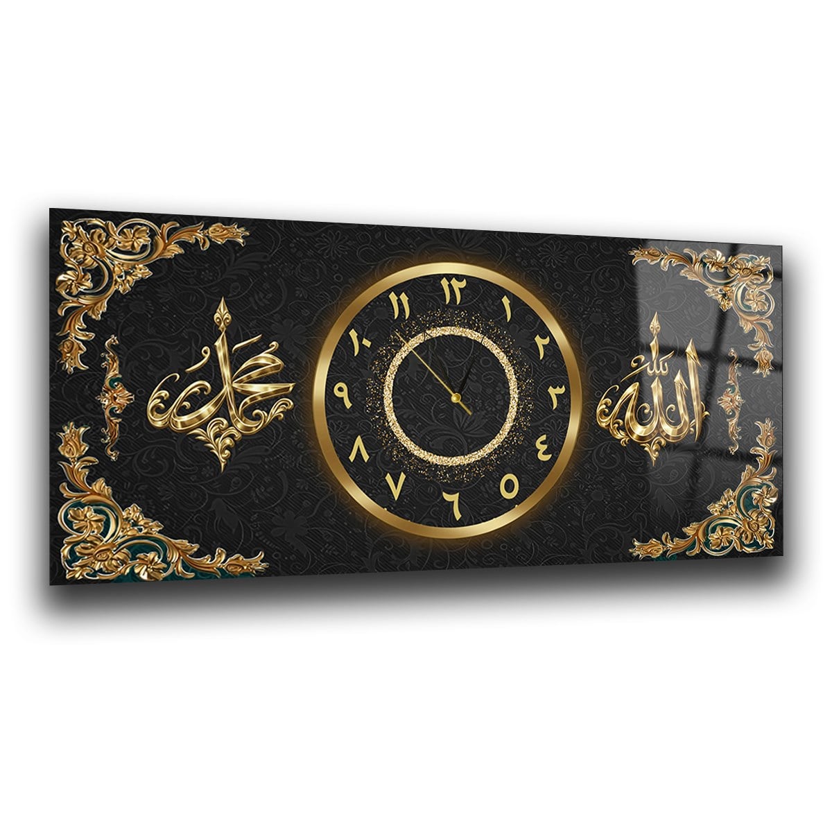 Allah Muhammed Saatli Cam Tablo – Siyah Gold Osmanlı Motifli İslami Duvar Dekoru