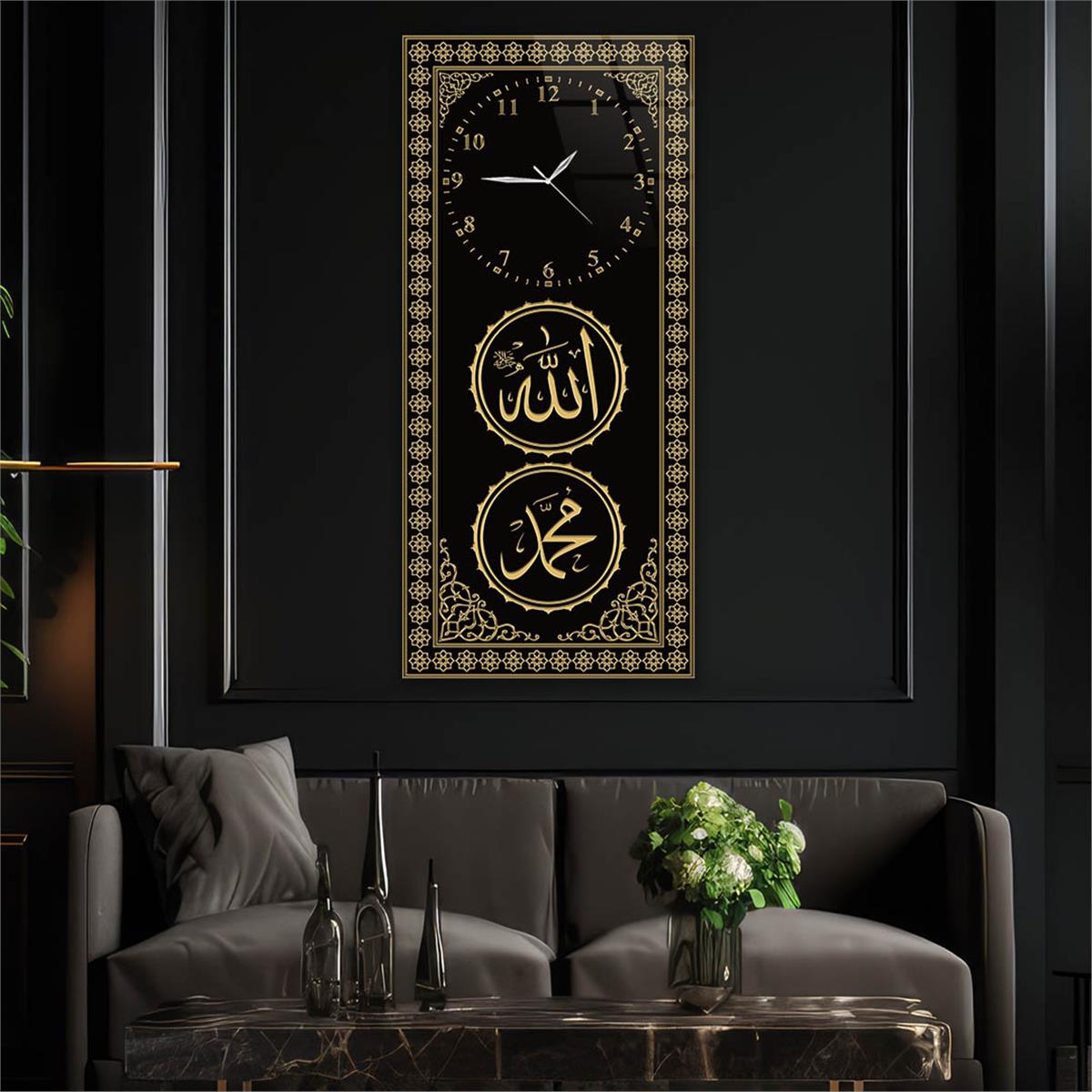Tableau en verre à thème religieux vertical avec horloge en haut 045