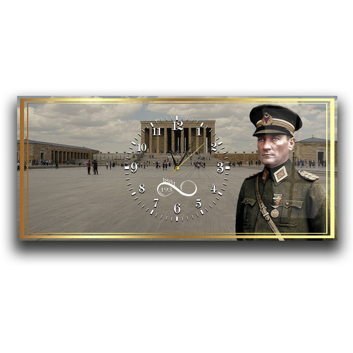 Askeri kıyafetli Atatürk ve Anıtkabir Yatay Ortadan Saatli  Vatan Temalı Cam Tablo 043