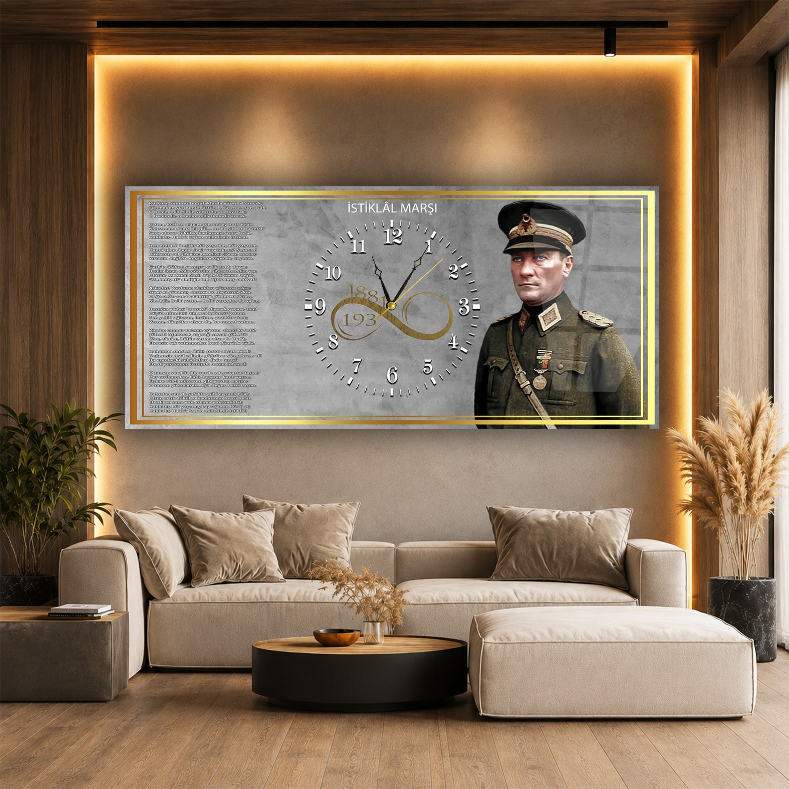 Asker Atatürk ve İstiklal Marşı Saatli Cam Tablo