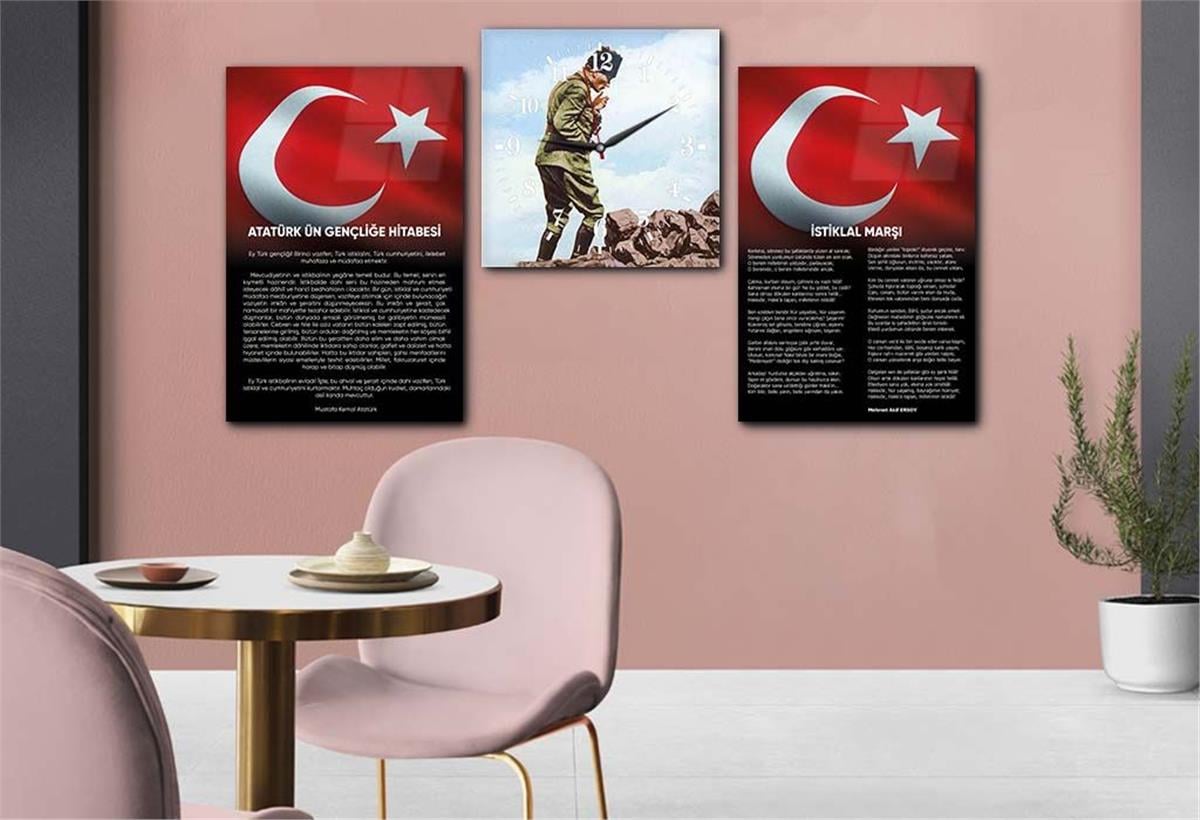 İSTİKLAL MARŞI MUSTAFA KEMAL ATATÜRK GÖRSELLİ CAM TABLO CAM SAAT SETİ 