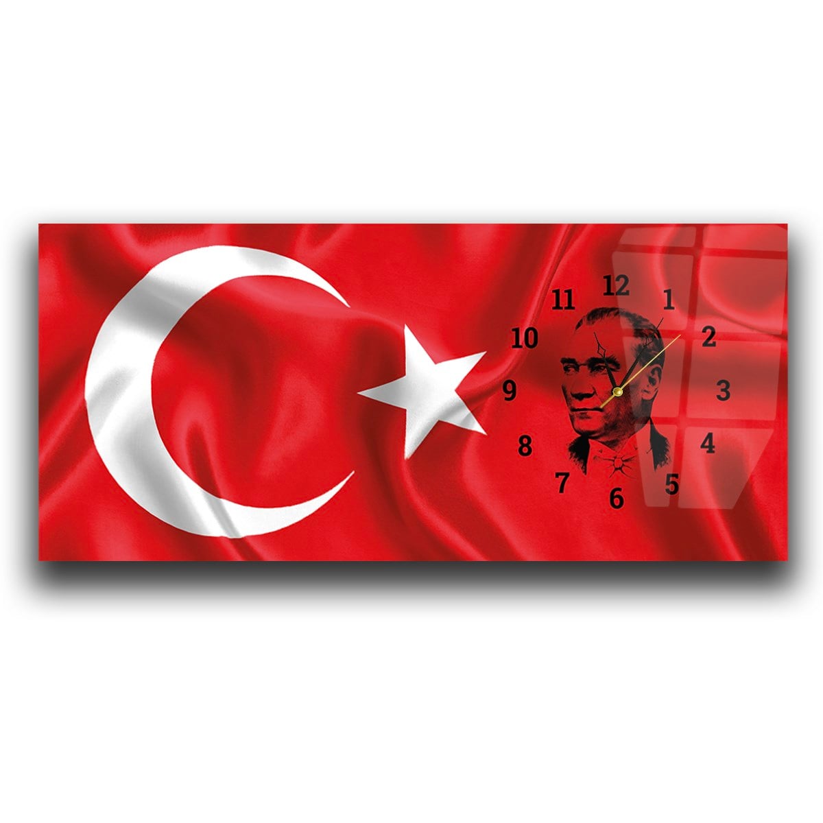 Türk Bayrağı ve Atatürk Saatli Cam Tablo Yatay Saatli Yandan Vatan Temalı Cam Tablo 004