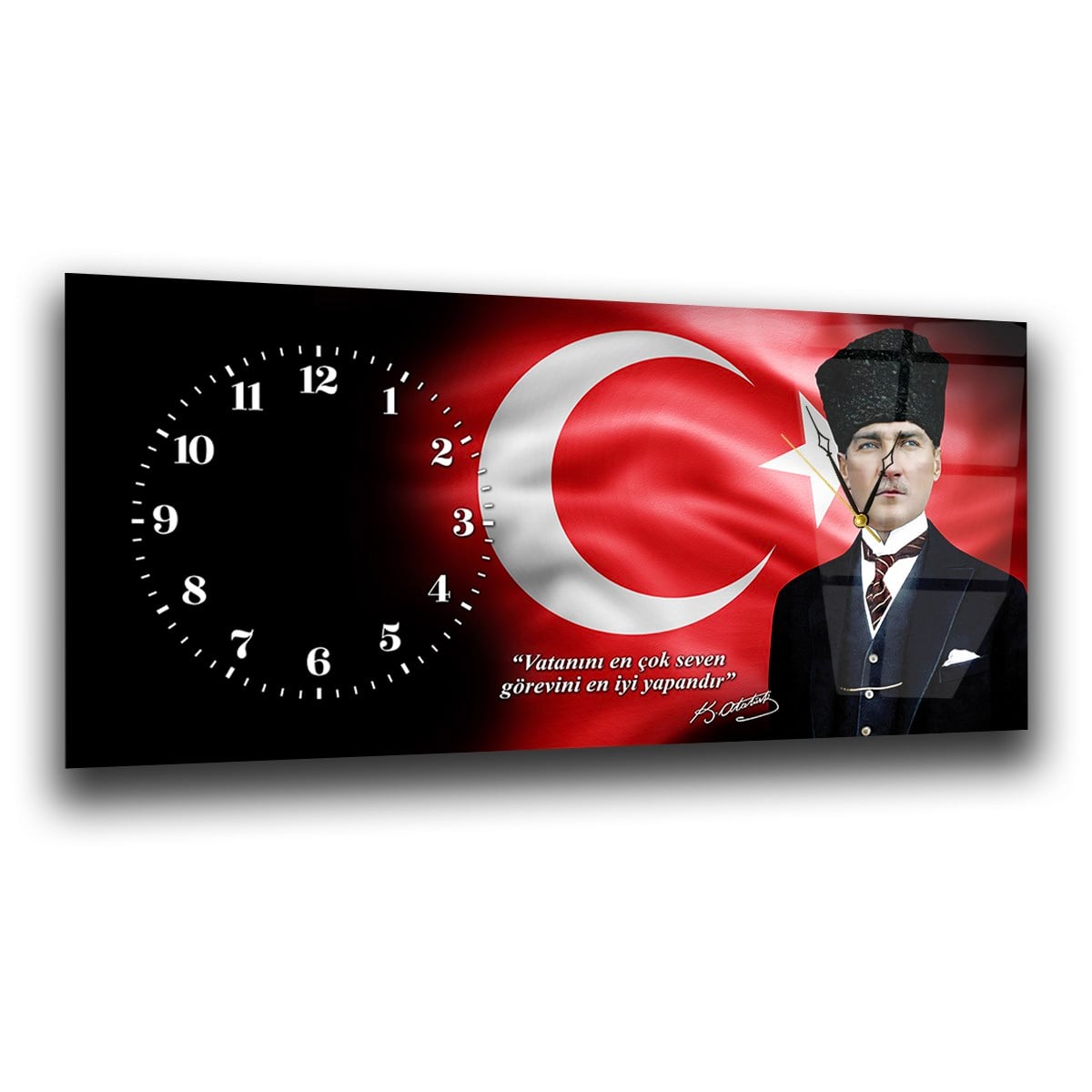 Yatay Saatli Yandan Vatan Temalı Cam Tablo 030