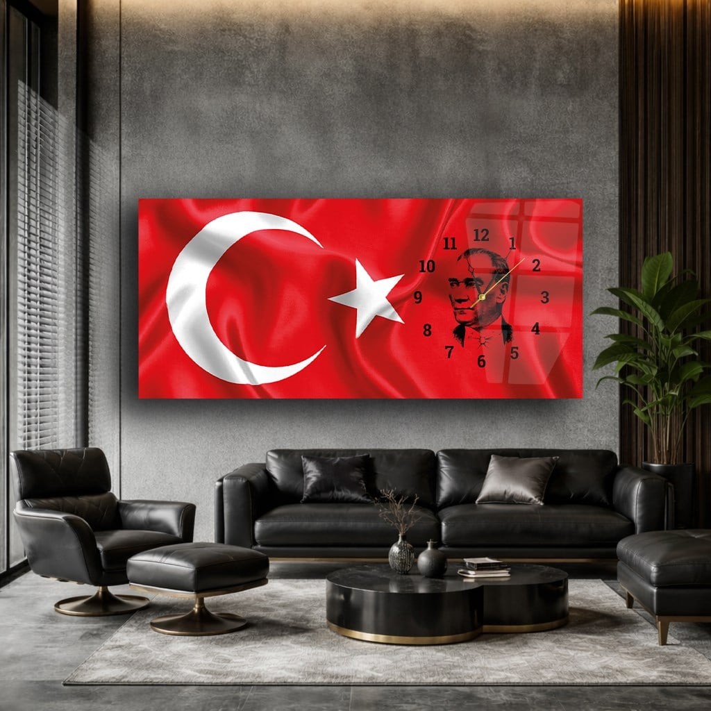 Türk Bayrağı ve Atatürk Saatli Cam Tablo Yatay Saatli Yandan Vatan Temalı Cam Tablo 004