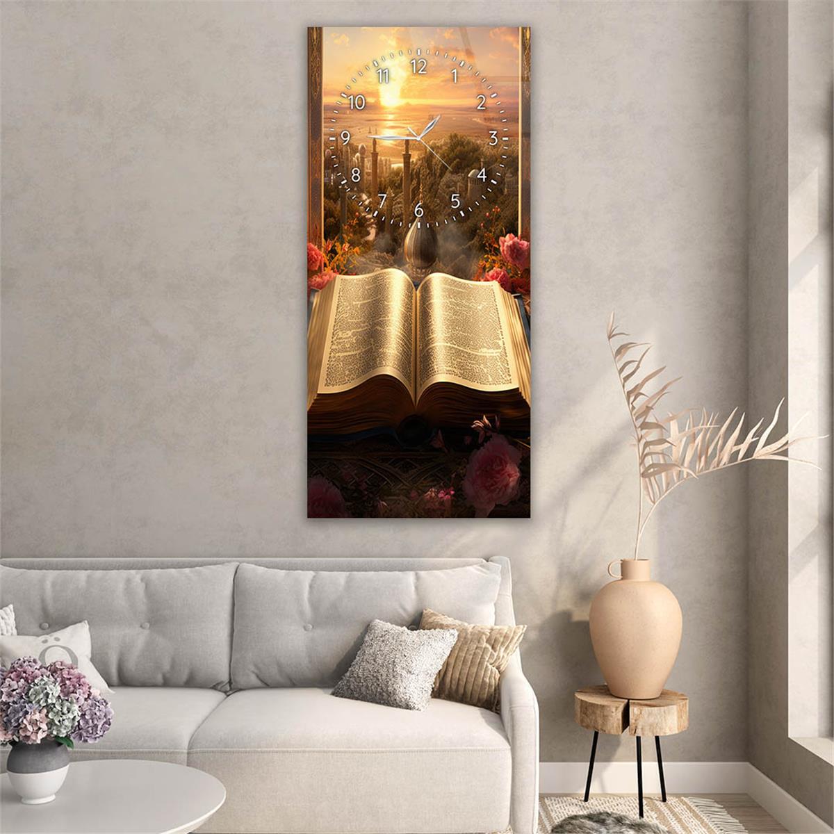 Tableau en verre à thème religieux vertical avec horloge en haut 022