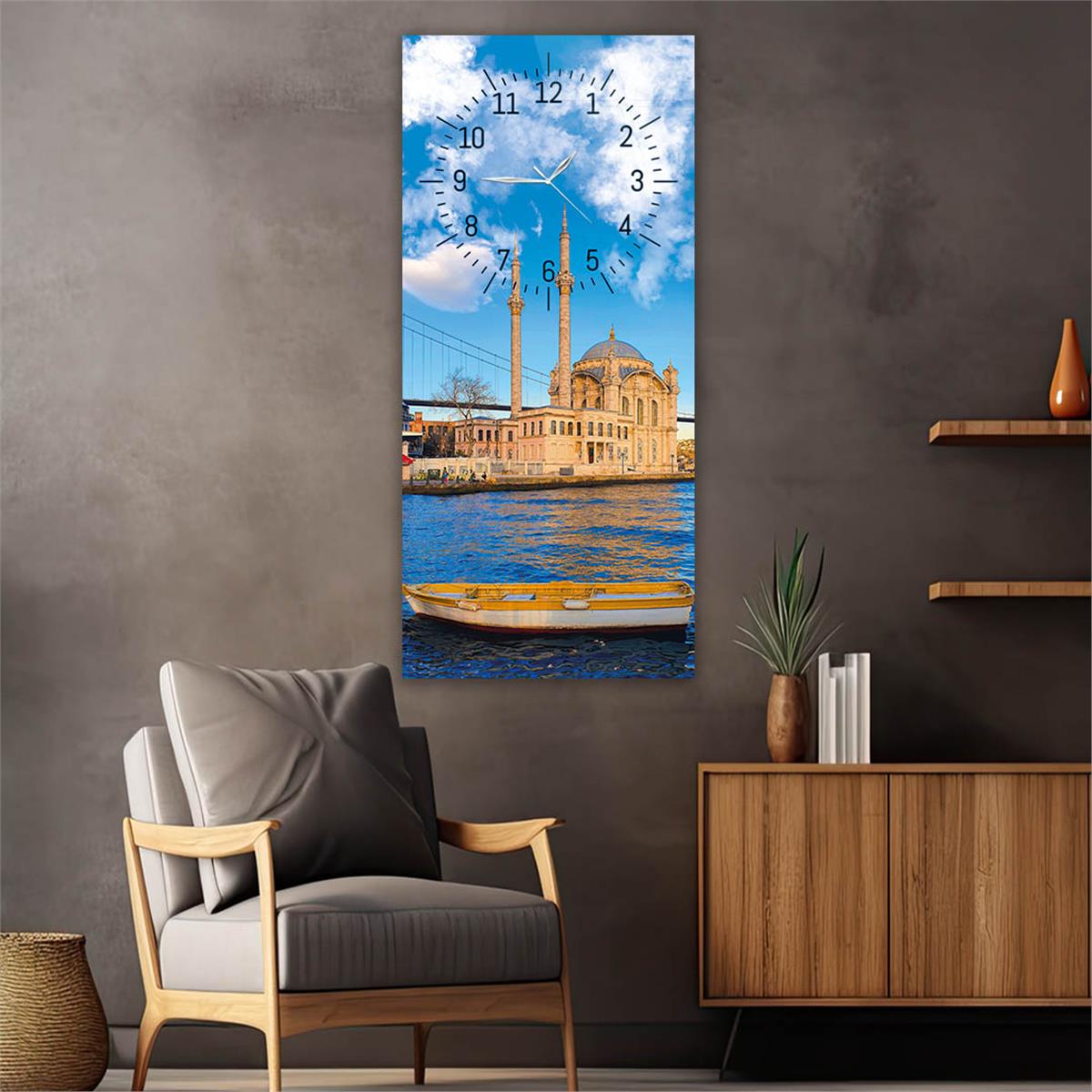 Vertical Religious Themed Glass Wall Art with Clock at the Top  007