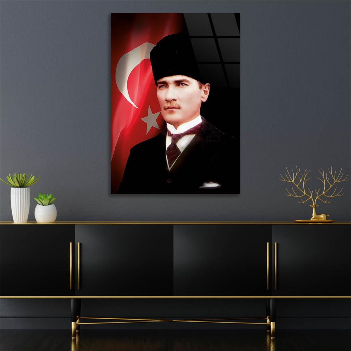 MUSTAFA KEMAL ATATÜRK ve TÜRK BAYRAĞI GÖRSELLİ  CAM TABLO