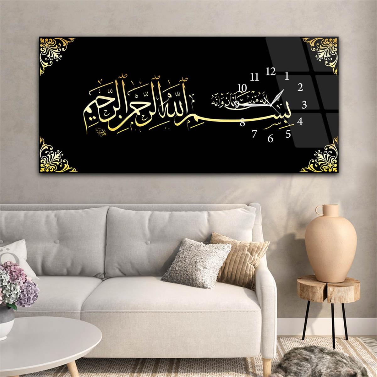 لوحة زجاجية أفقية ذات طابع ديني مع ساعة جانبية 069