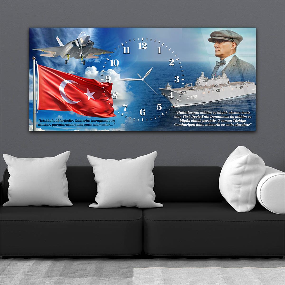 Yatay Saatli Ortadan Vatan Temalı Cam Tablo 140
