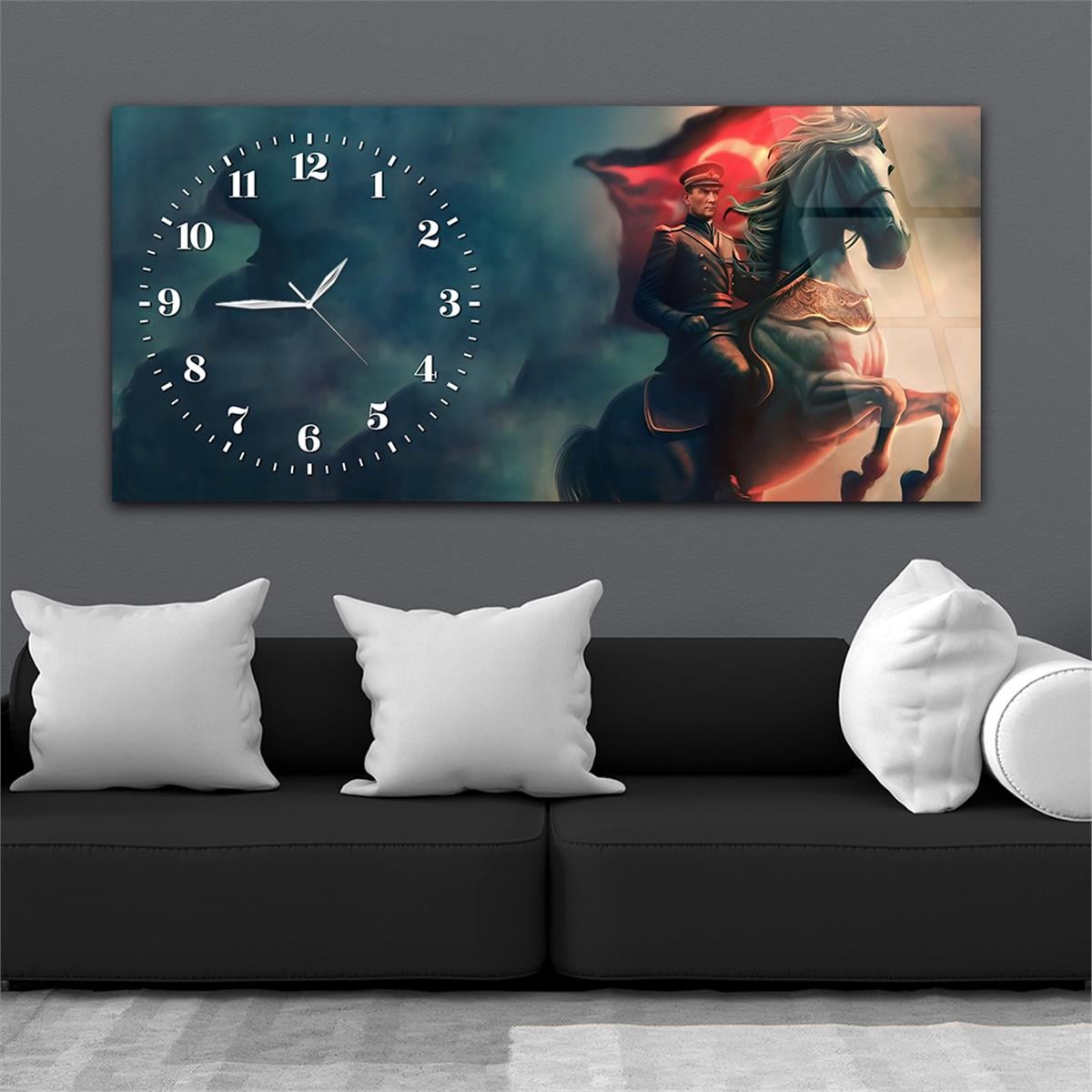 Yatay Saatli Yandan Vatan Temalı Cam Tablo 034