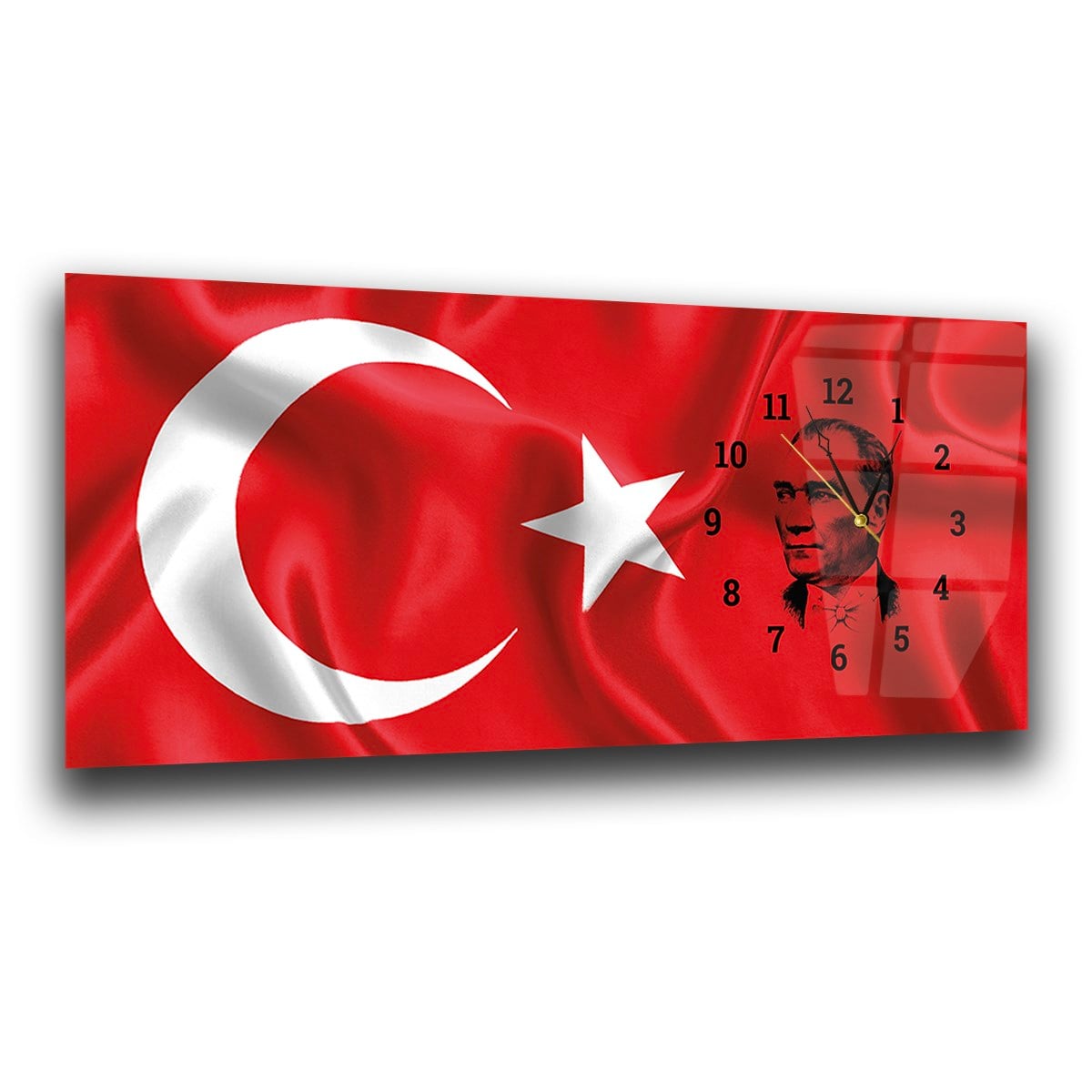 Türk Bayrağı ve Atatürk Saatli Cam Tablo Yatay Saatli Yandan Vatan Temalı Cam Tablo 004