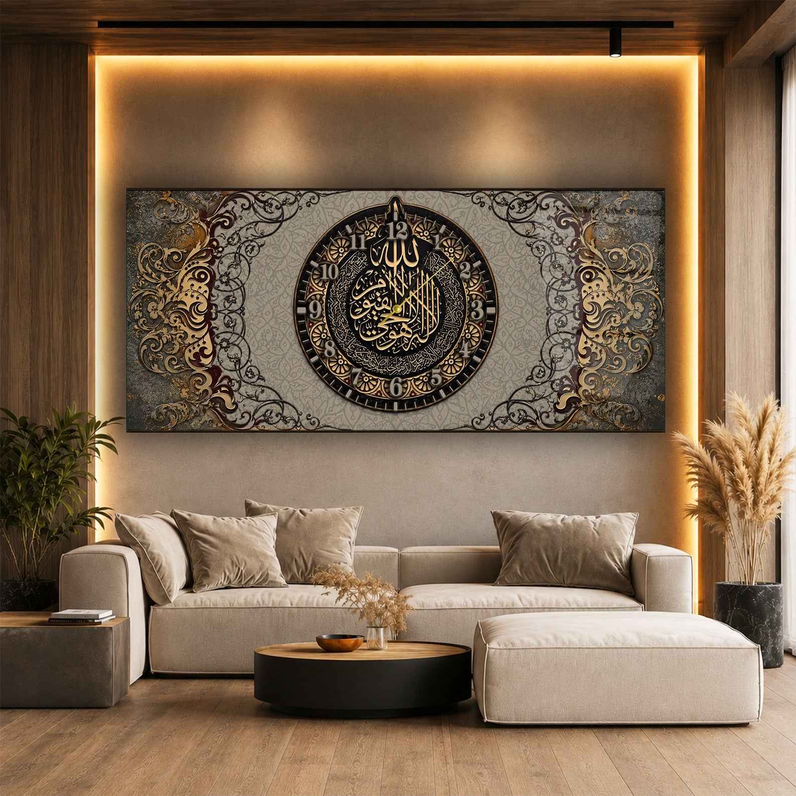 Tableau en verre à thème religieux avec horloge centrale horizontale  110