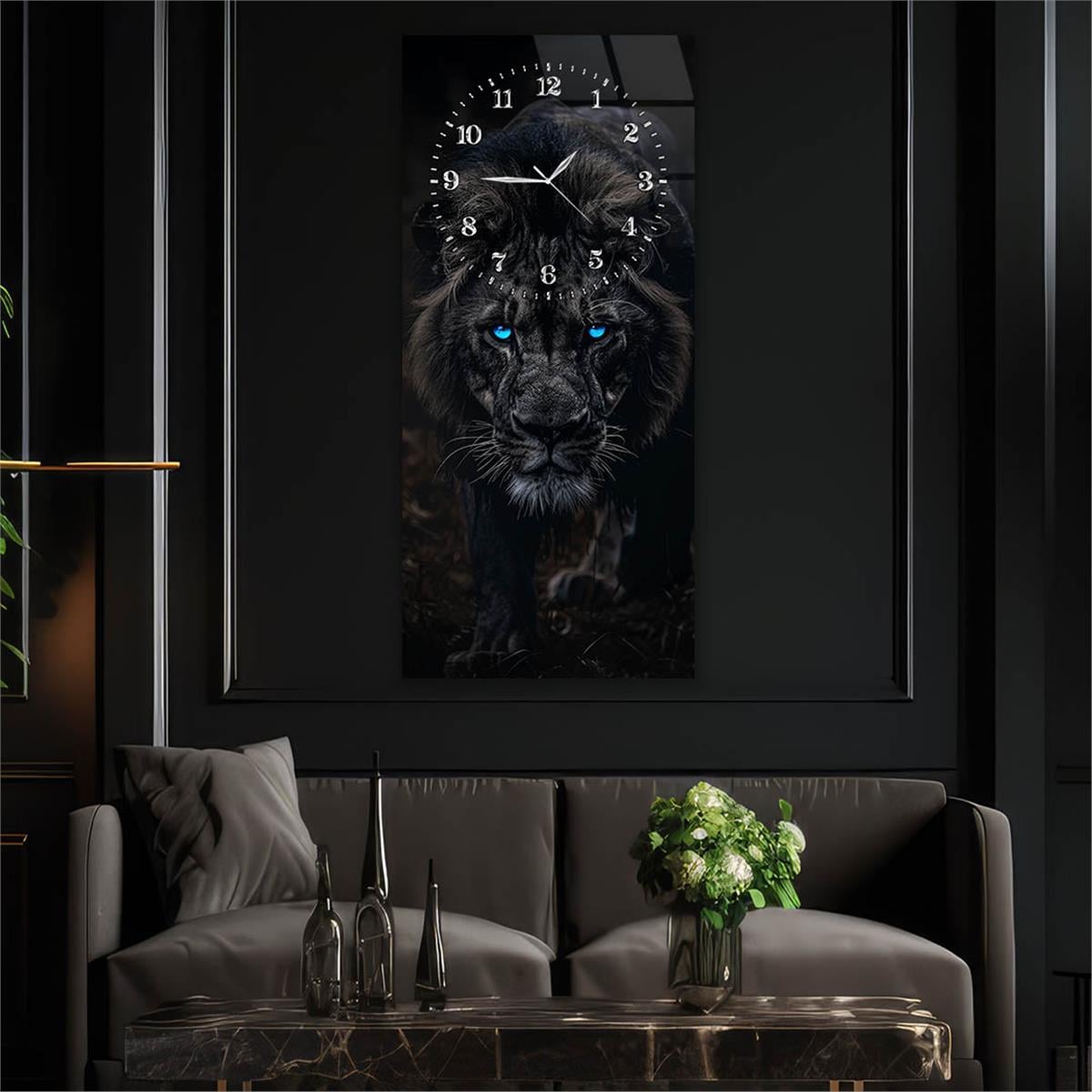 Dikey Üstten Saatli Sanat Temalı Cam Tablo 085