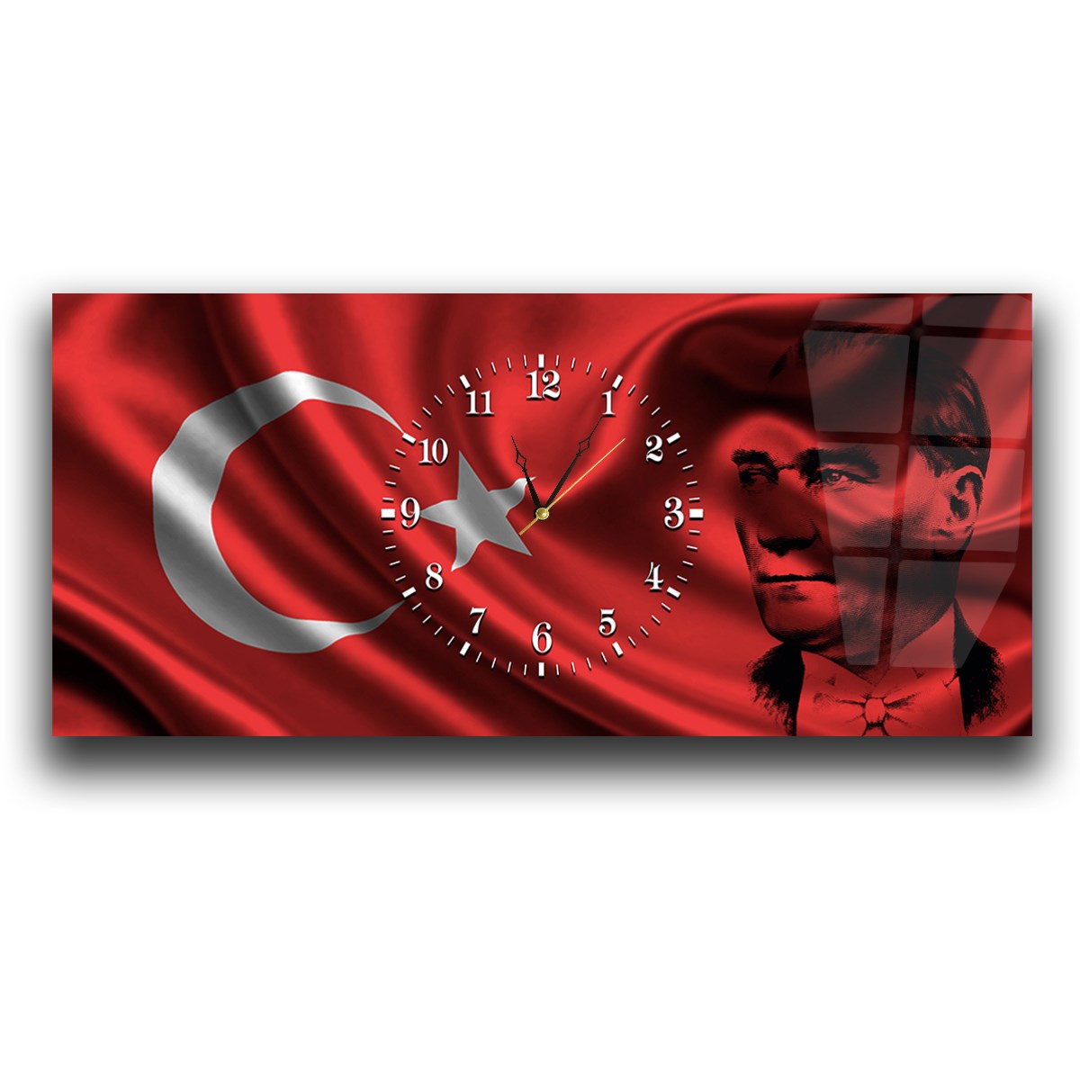 Türk Bayrağı ve Atatürk Yatay Ortadan Saatli  Vatan Temalı Cam Tablo 062