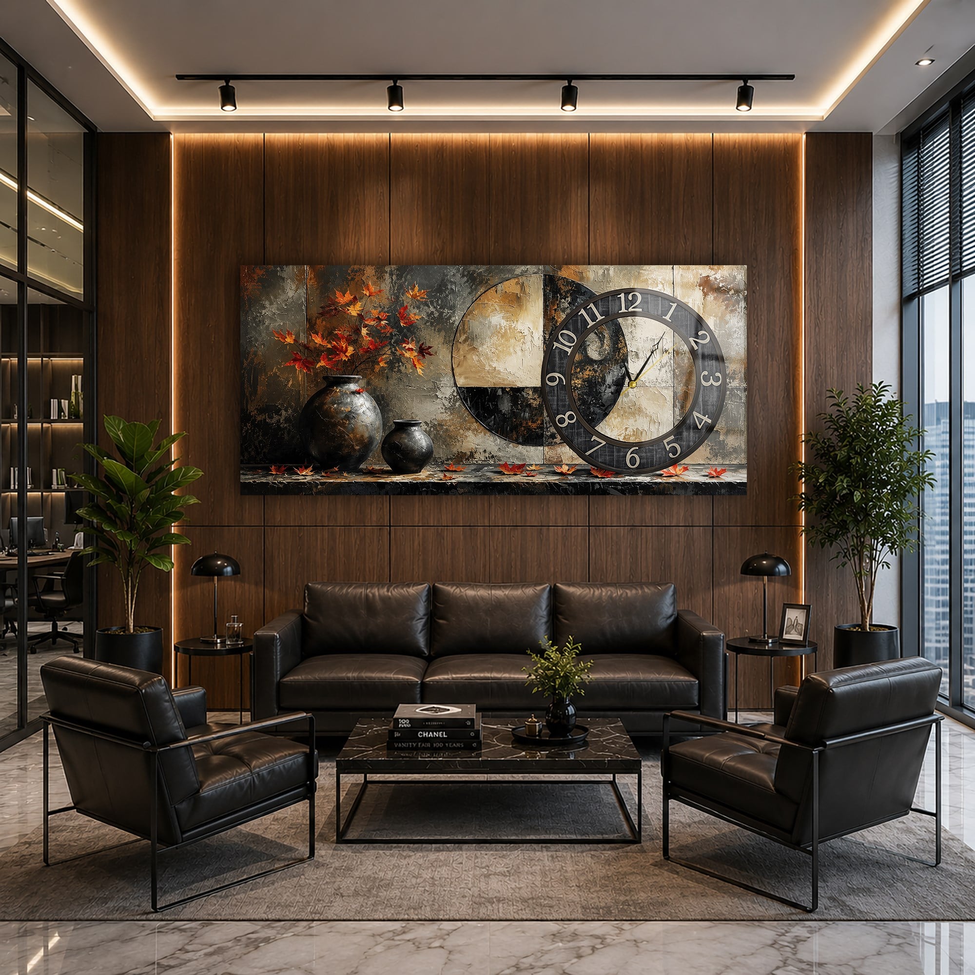 Yatay Saatli Yandan Sanat Temalı Cam Tablo 372
