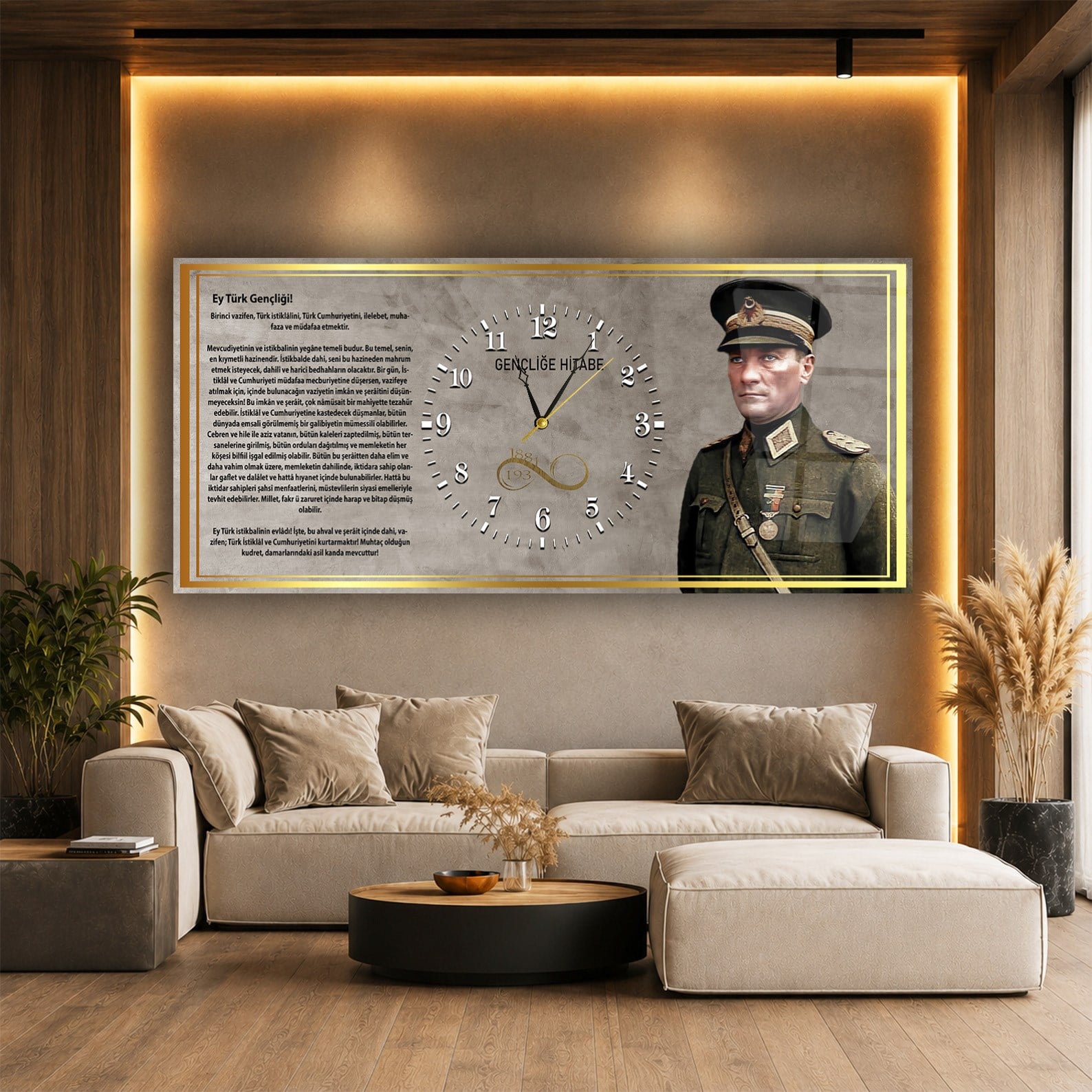 Askeri Kıyafetli Mustafa Kemal Atatürk ve Gençliğe Hitabesi Saatli  Cam Tablo 042