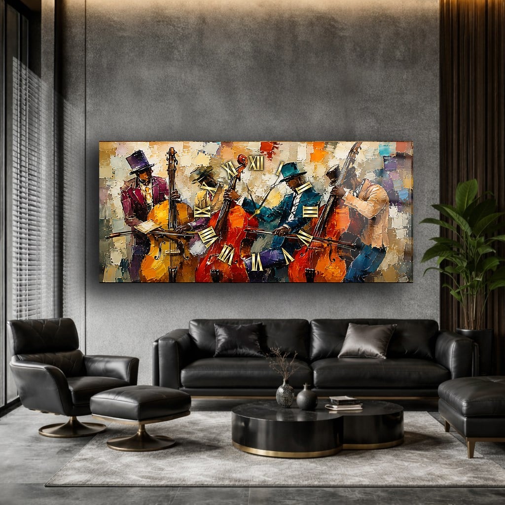 Yatay Saatli Yandan Sanat Temalı Cam Tablo 384