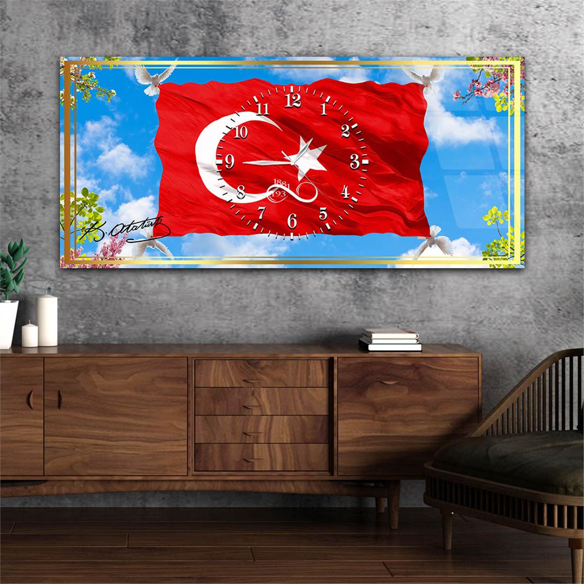 Beyaz Güvercinler Tarafından Dalgalanan TÜRK Bayrağı Yatay Ortadan Saatli  Vatan Temalı Cam Tablo 047