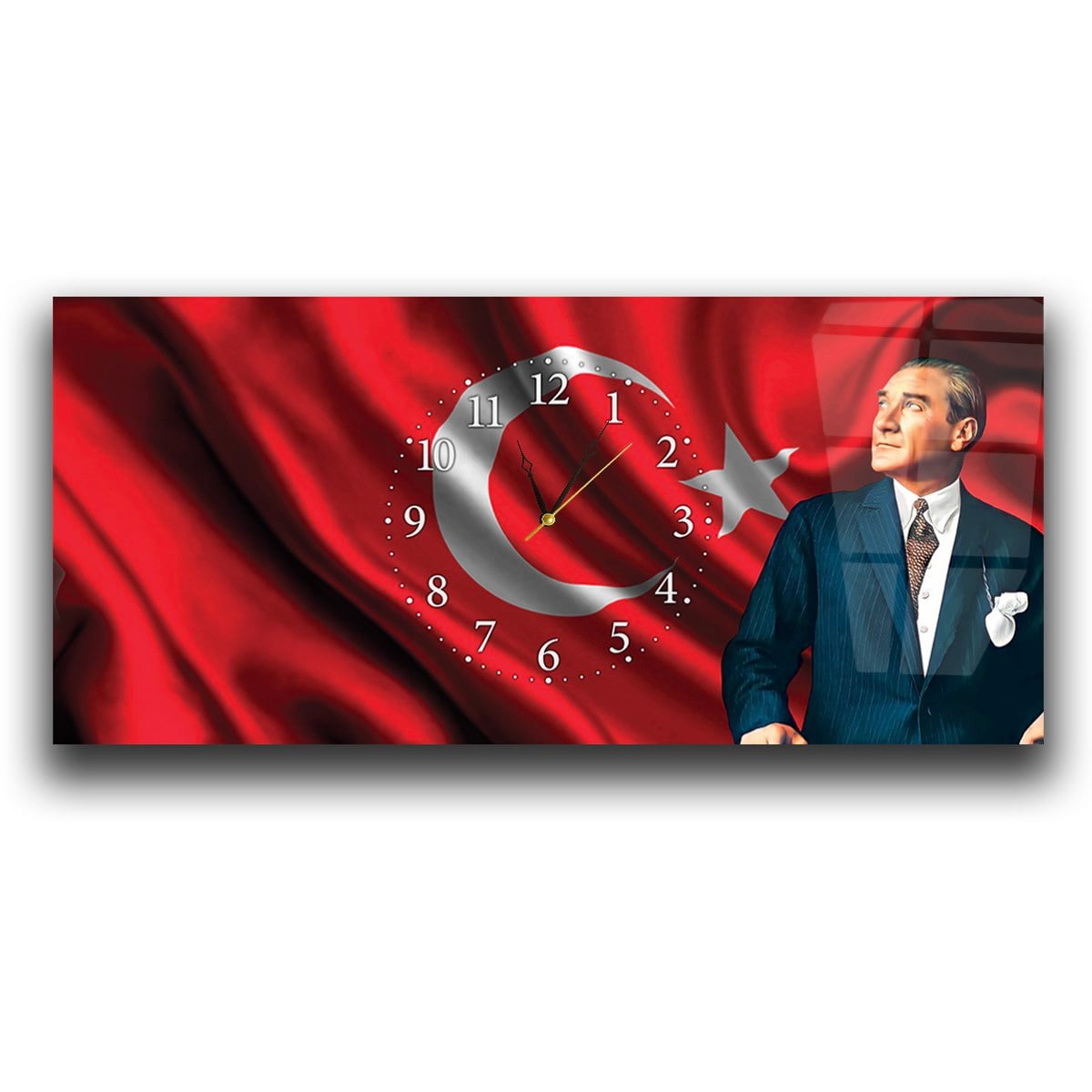 Ayyıldız Türk Bayrağı ve Atatürk Yatay Ortadan Saatli  Cam Tablo 084