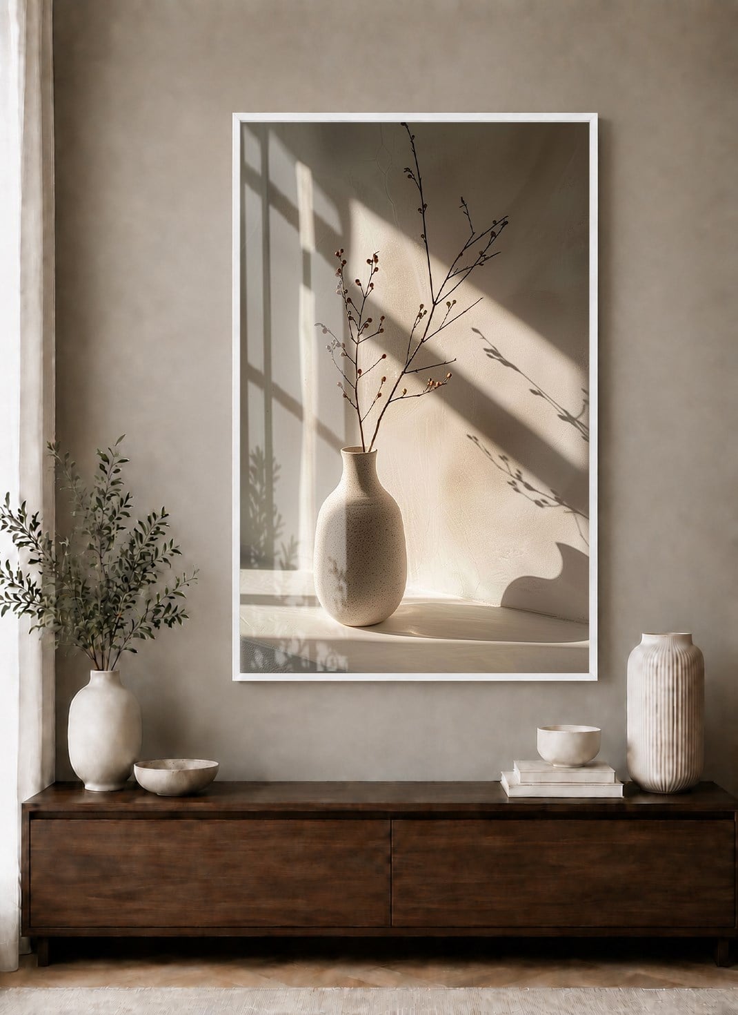 Doğal Bej Tonlu Minimal Vazo Alüminyum Çerçeveli Modern Cam Duvar Tablosu