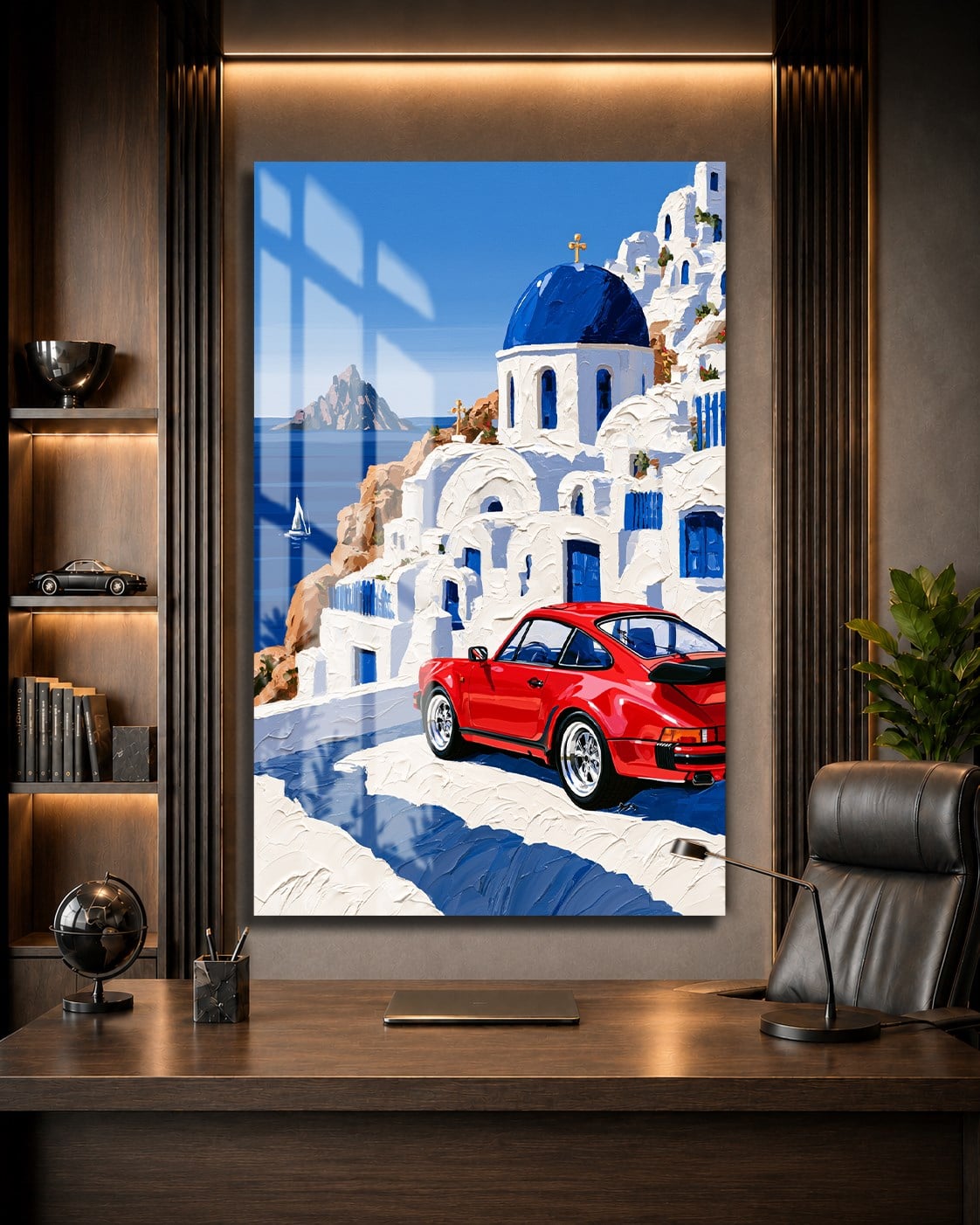 Kırmızı Klasik Porsche Santorini Cam Tablo