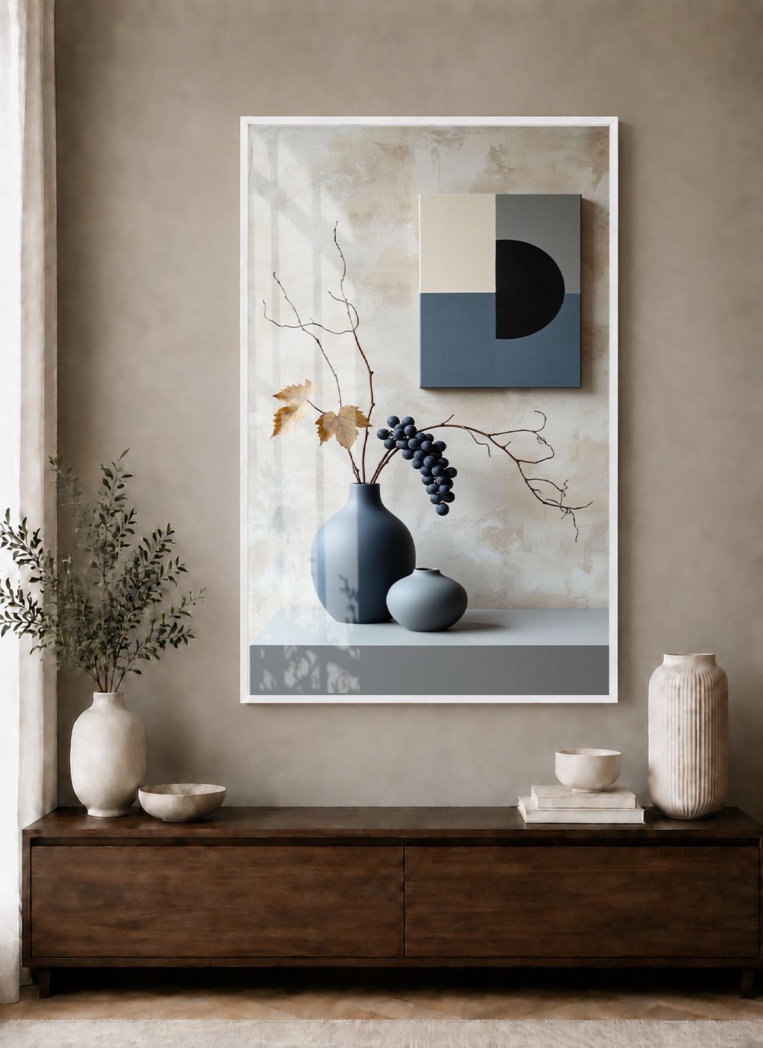Geometrik Detaylı Siyah Vazolar Alüminyum Çerçeveli Modern Cam Duvar Tablosu