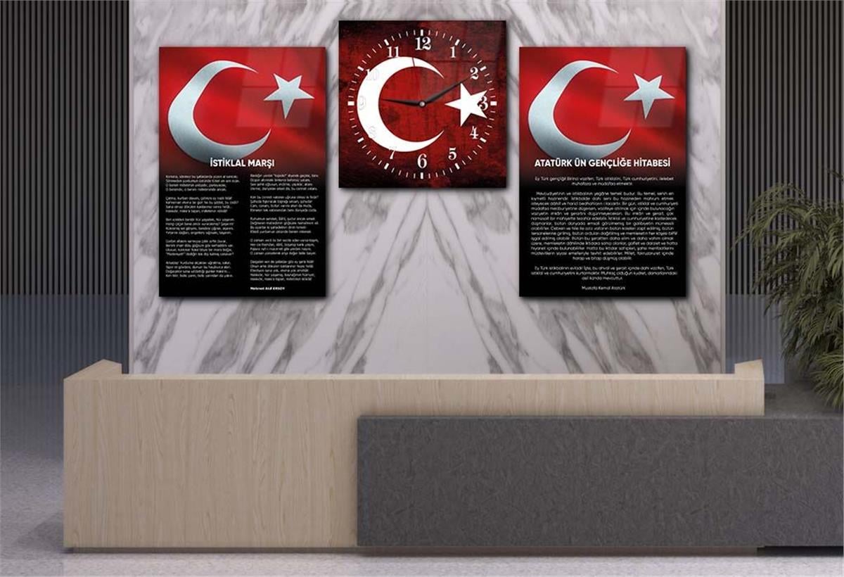 Independence March, Youth Address and Turkish Flag Glass Wall Art Set with Clock