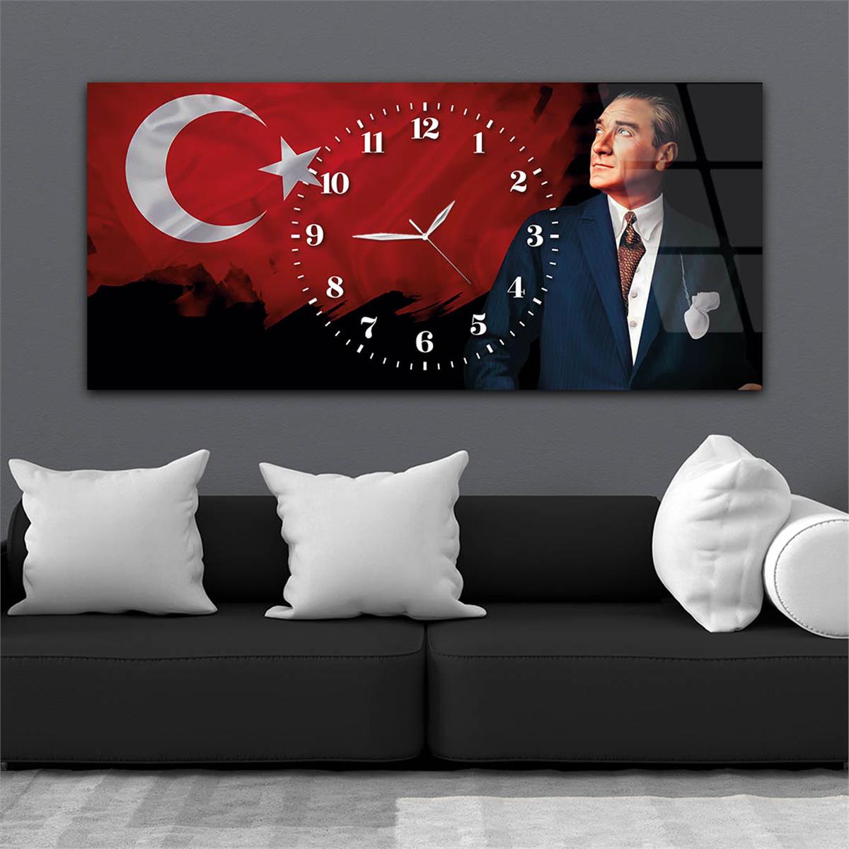 Yatay Saatli Ortadan Vatan Temalı Cam Tablo 152