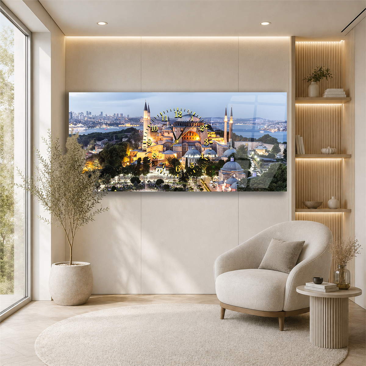 Yatay Ortadan Saatli  Dini Temalı Cam Tablo 009