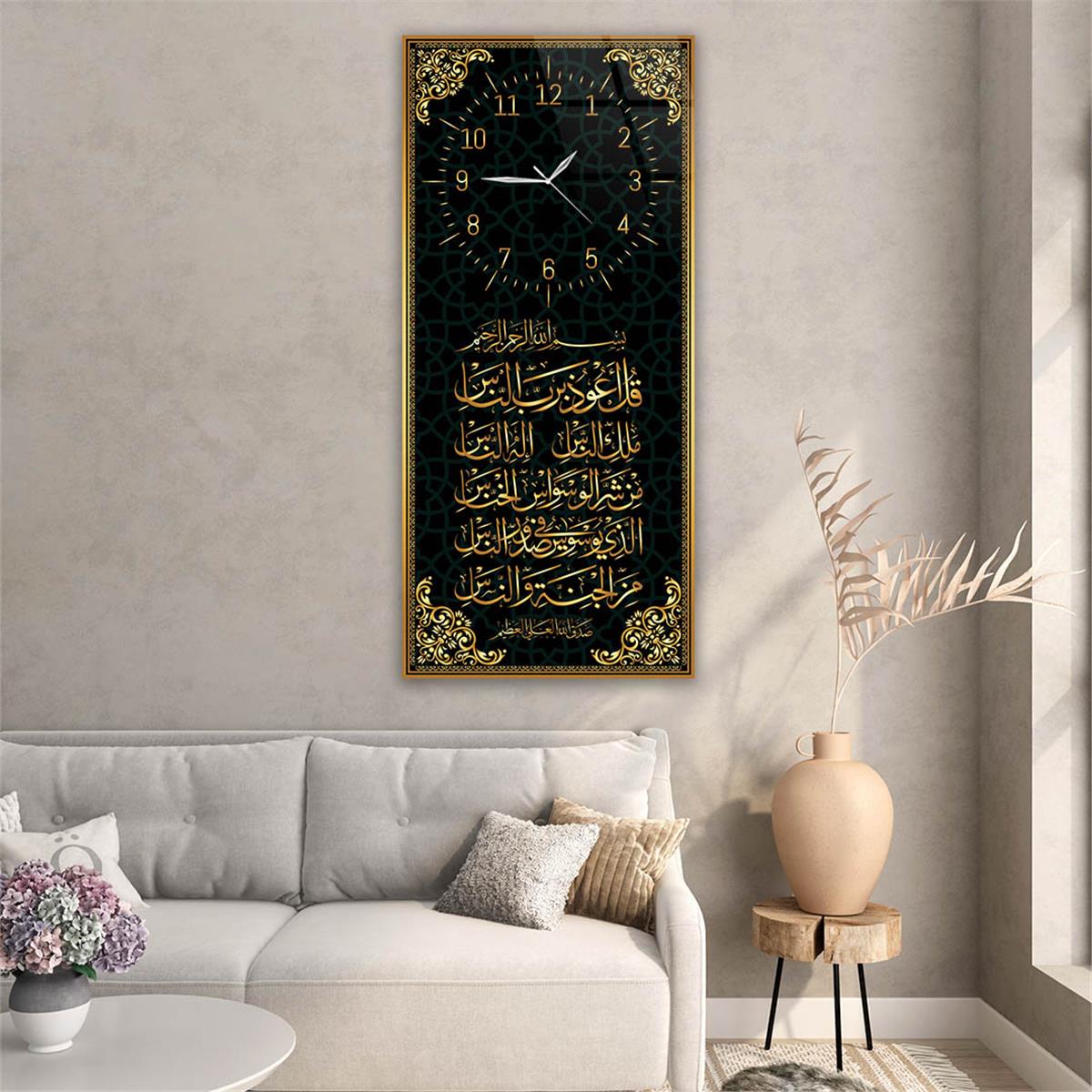 Tableau en verre à thème religieux vertical avec horloge en haut 019