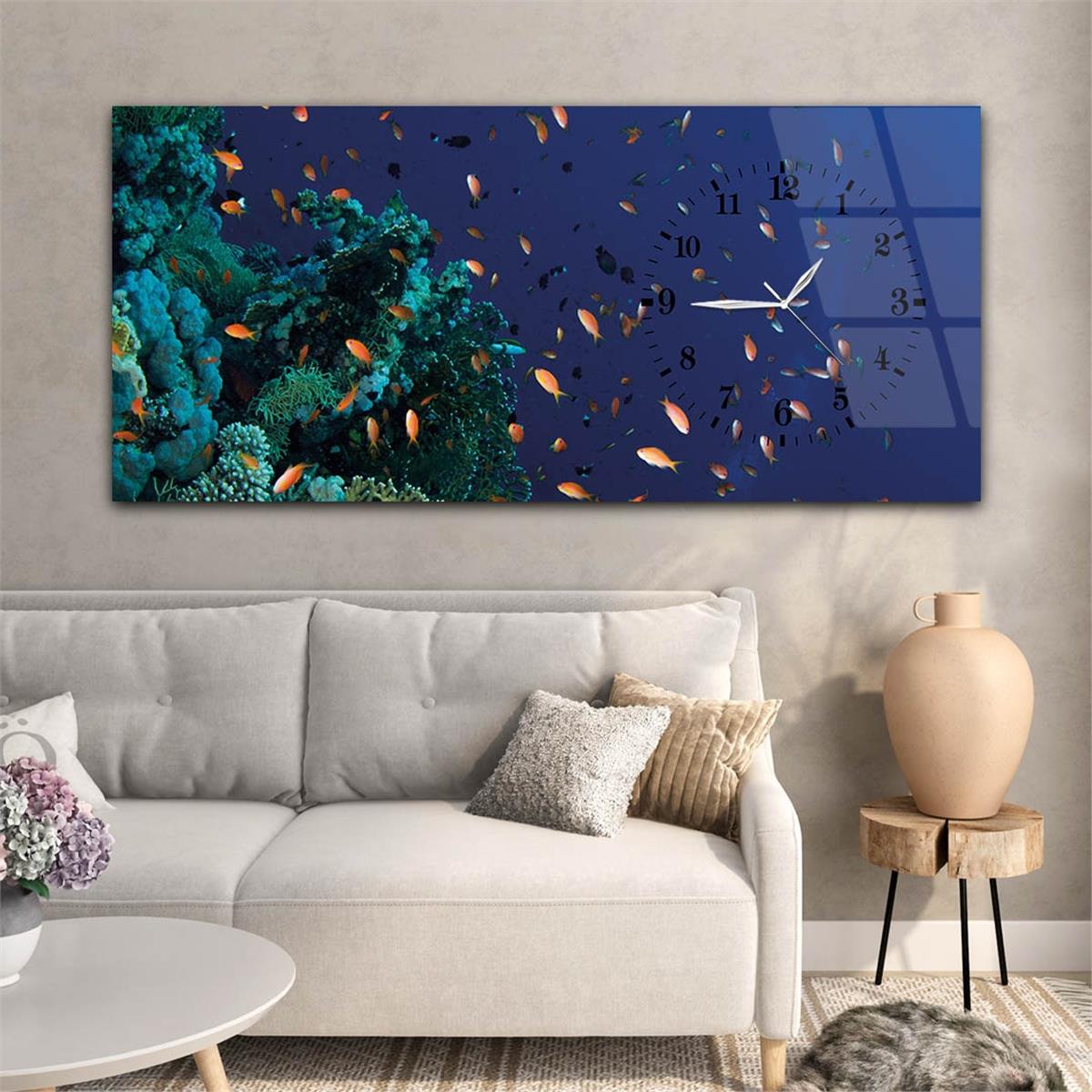 Yatay Saatli Yandan Sanat ve Doğa Temalı Cam Tablo 029
