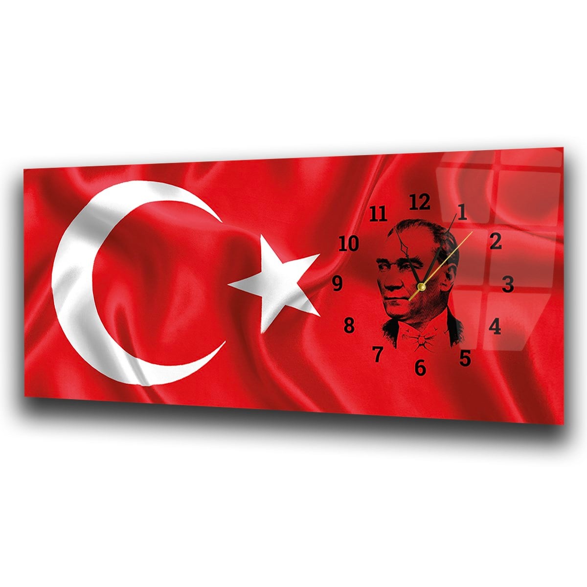 Türk Bayrağı ve Atatürk Saatli Cam Tablo Yatay Saatli Yandan Vatan Temalı Cam Tablo 004