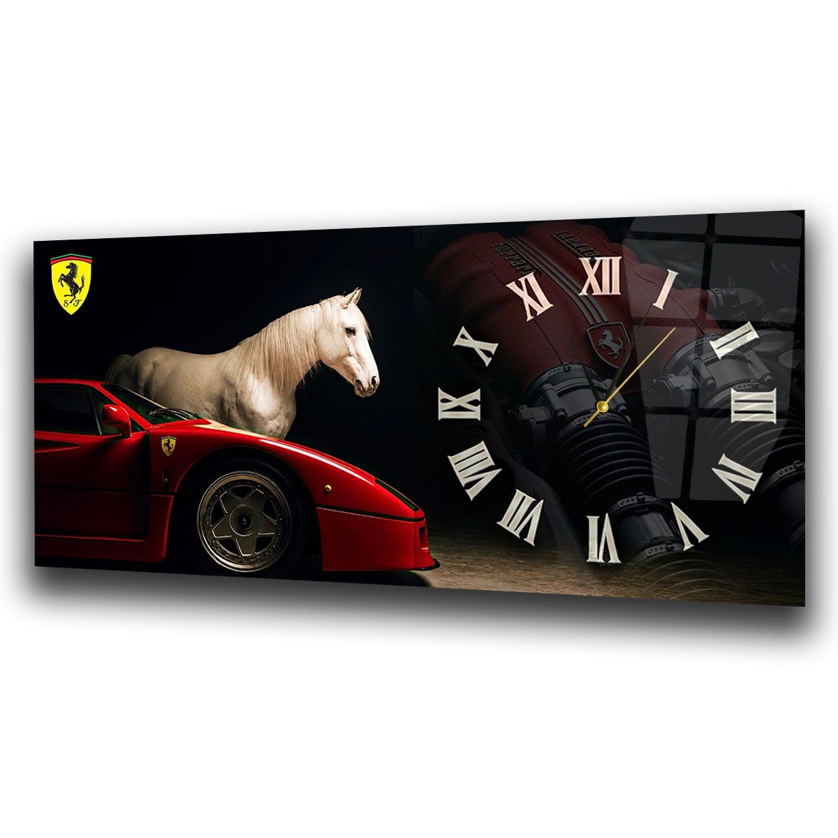 Ferrari ve Şahlanan At Saatli Cam Tablo