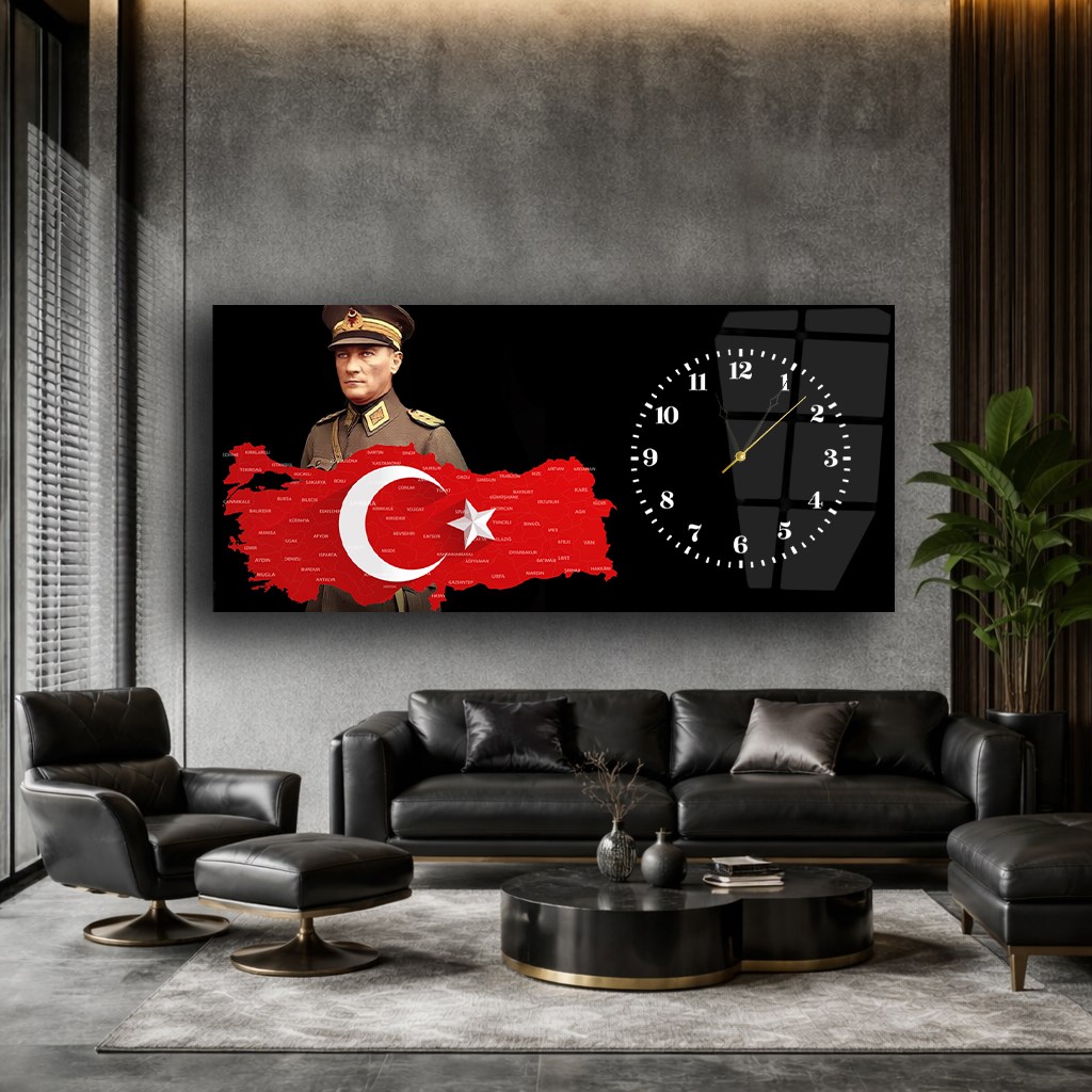 Yatay Saatli Yandan Vatan Temalı Cam Tablo 031