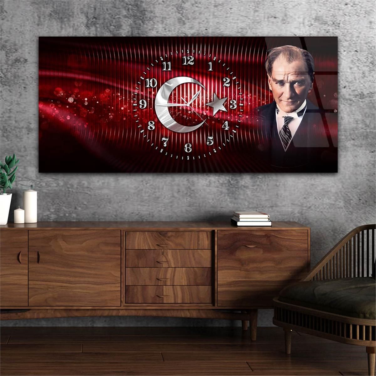 Yatay Saatli Ortadan Vatan Temalı Cam Tablo 141