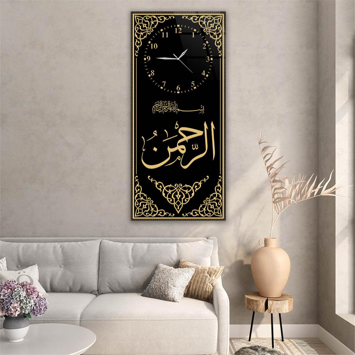 Tableau en verre à thème religieux vertical avec horloge en haut 016