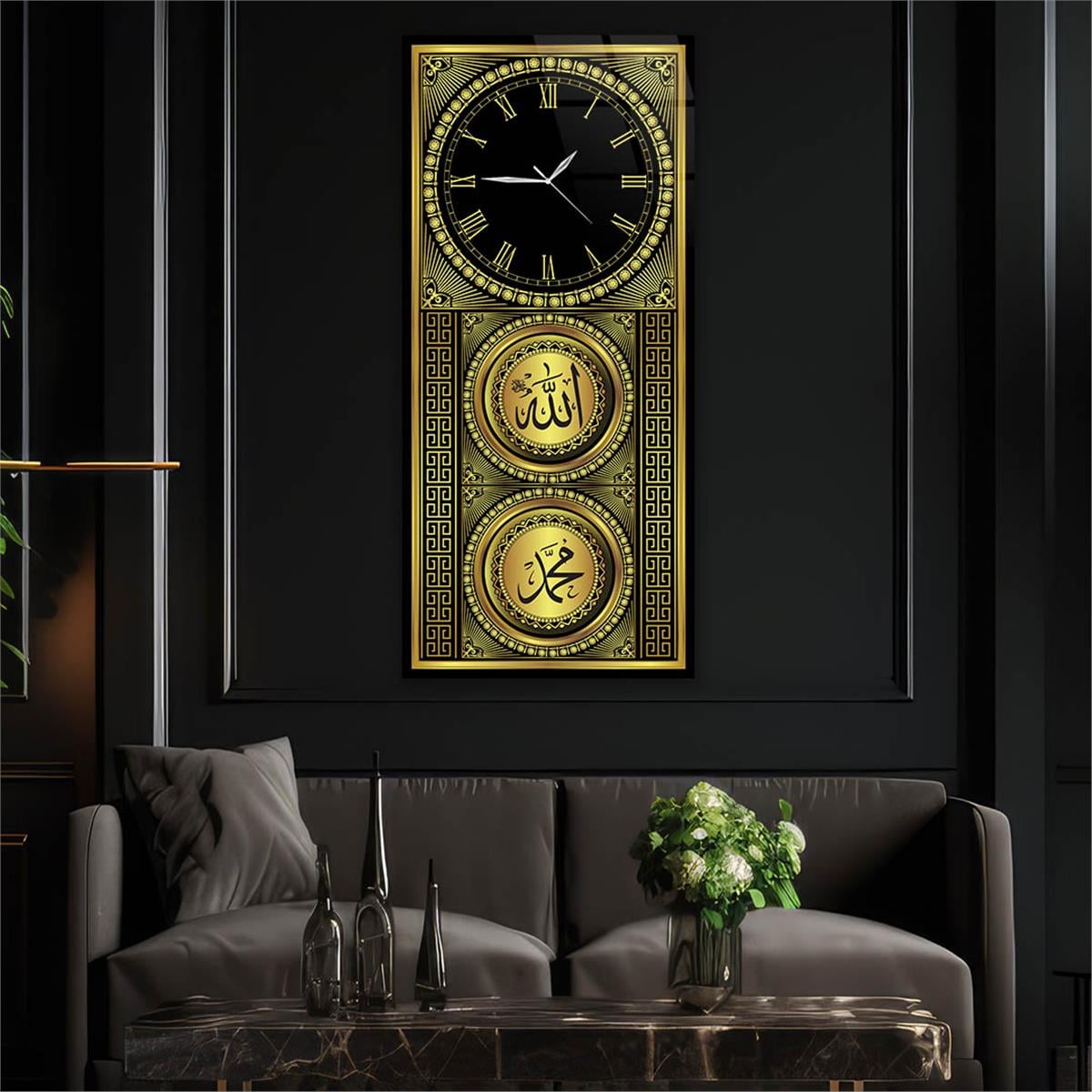 Tableau en verre à thème religieux vertical avec horloge en haut 037