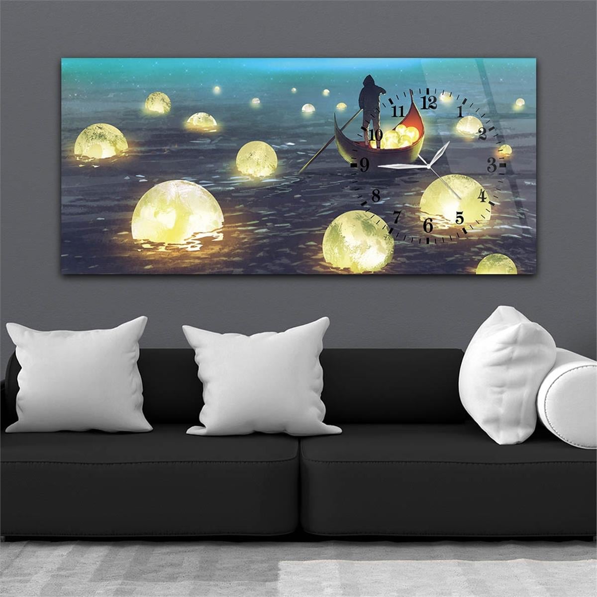 Tableau en verre à thème art et nature avec horloge latérale horizontale 025