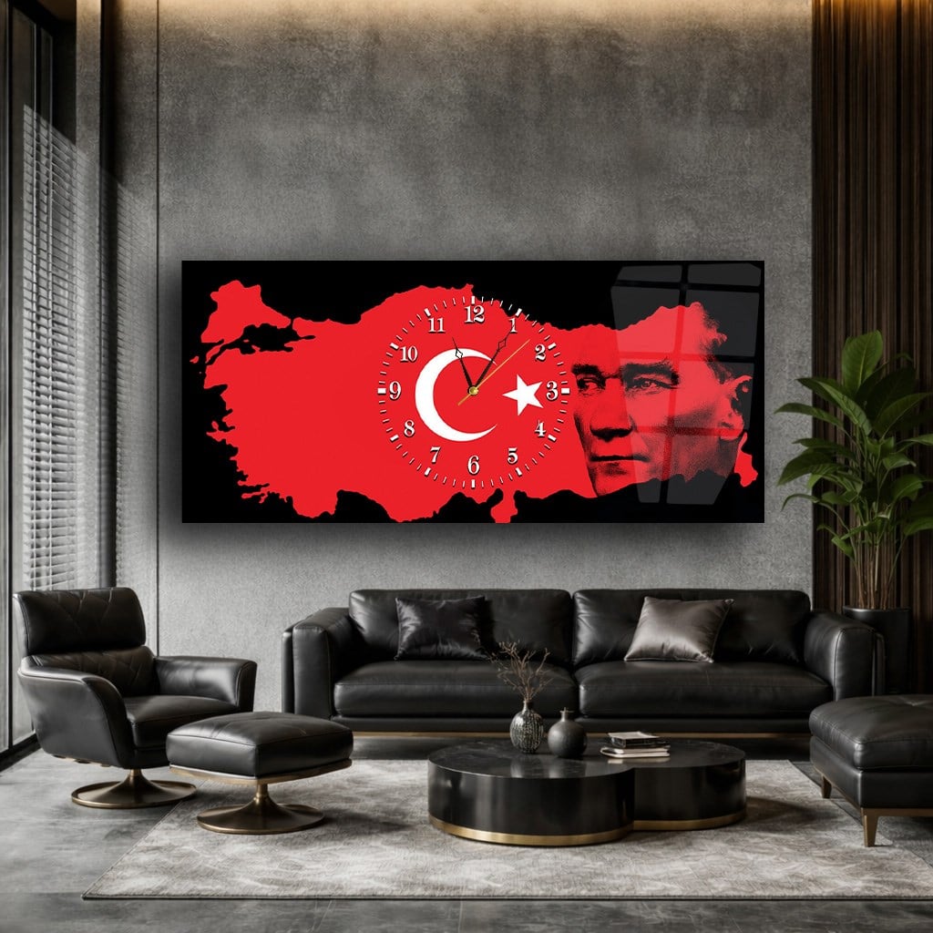 Türkiye Haritası Üzerinde Türk Bayrağı ve Atatürk Saatli Cam Tablo 060