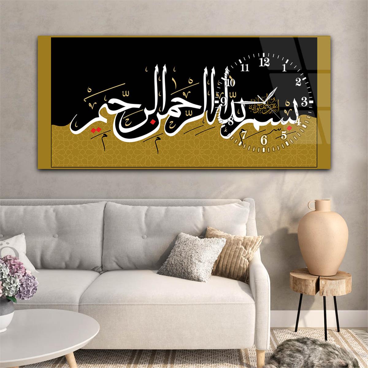 لوحة زجاجية أفقية ذات طابع ديني مع ساعة جانبية 045