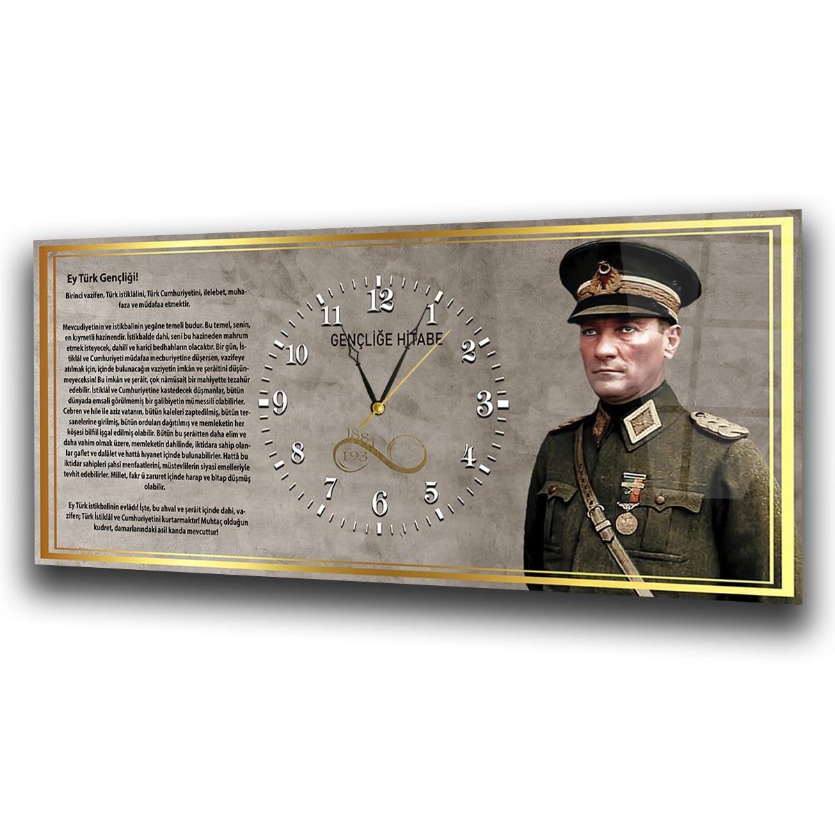 Askeri Kıyafetli Mustafa Kemal Atatürk ve Gençliğe Hitabesi Saatli  Cam Tablo 042