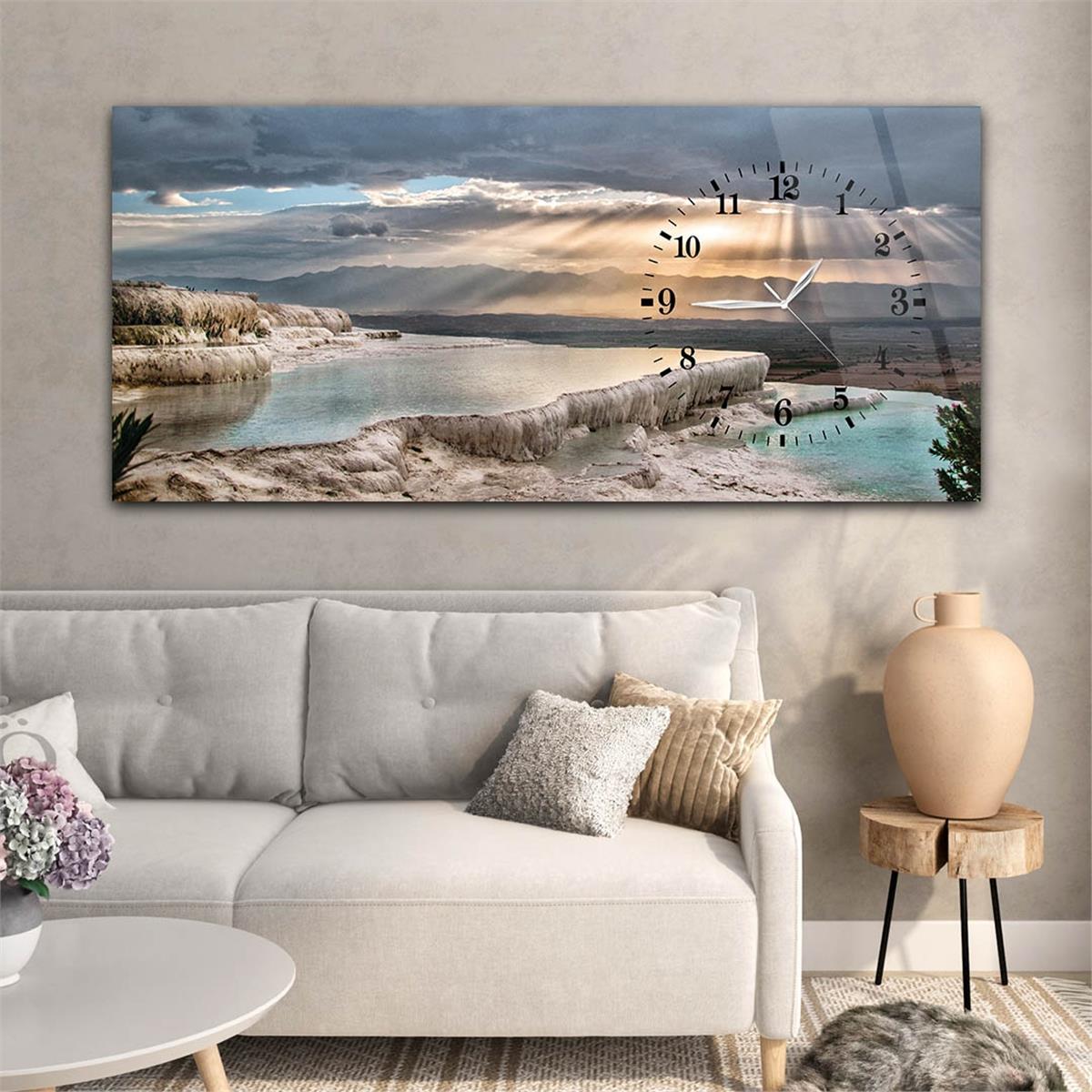 Tableau en verre à thème art et nature avec horloge latérale horizontale 026