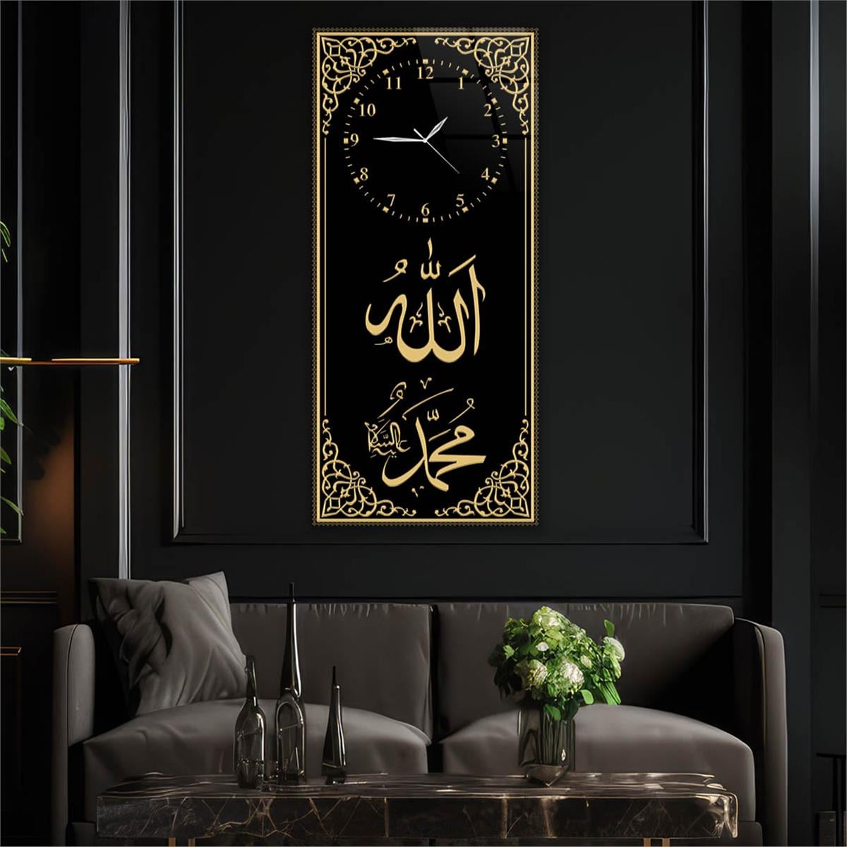 Tableau en verre à thème religieux vertical avec horloge en haut 012