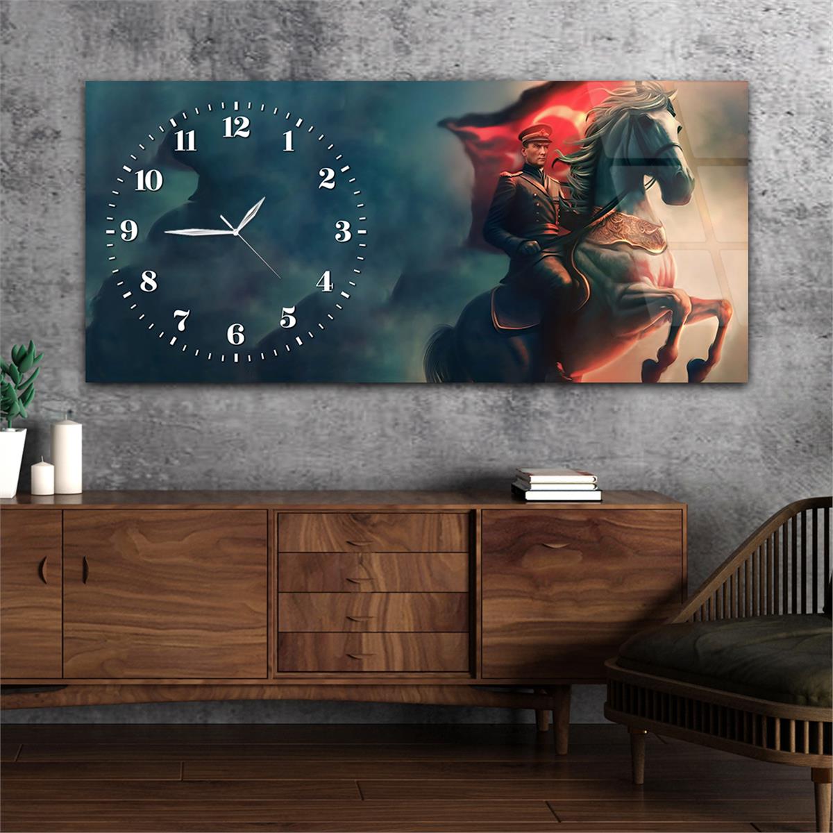 Yatay Saatli Yandan Vatan Temalı Cam Tablo 034