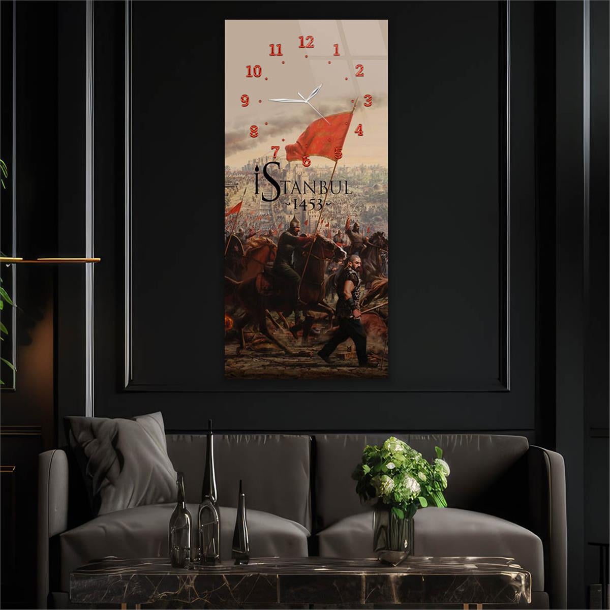 Vertical National Themed Glass Wall Art with Clock at the Top 032