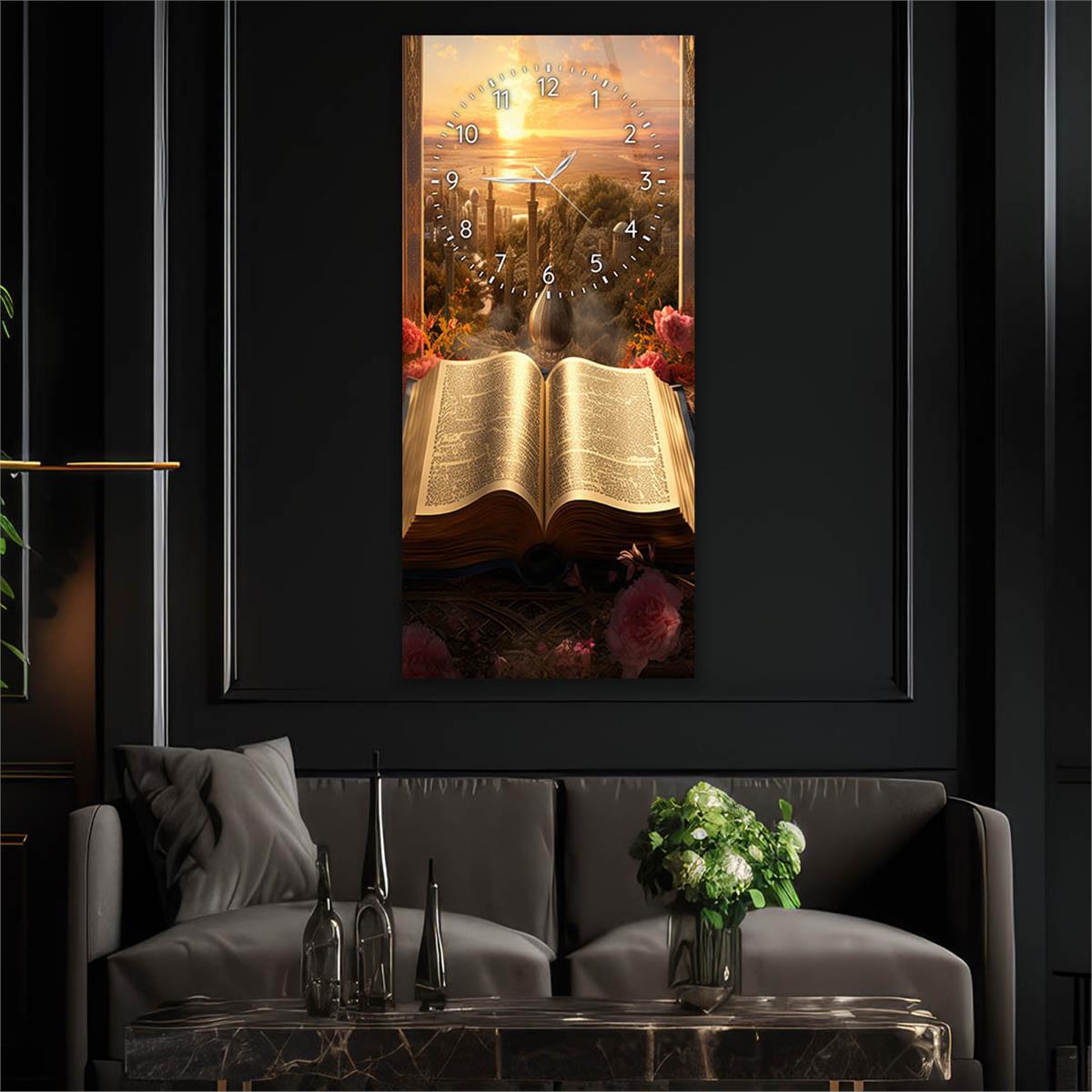 Tableau en verre à thème religieux vertical avec horloge en haut 022