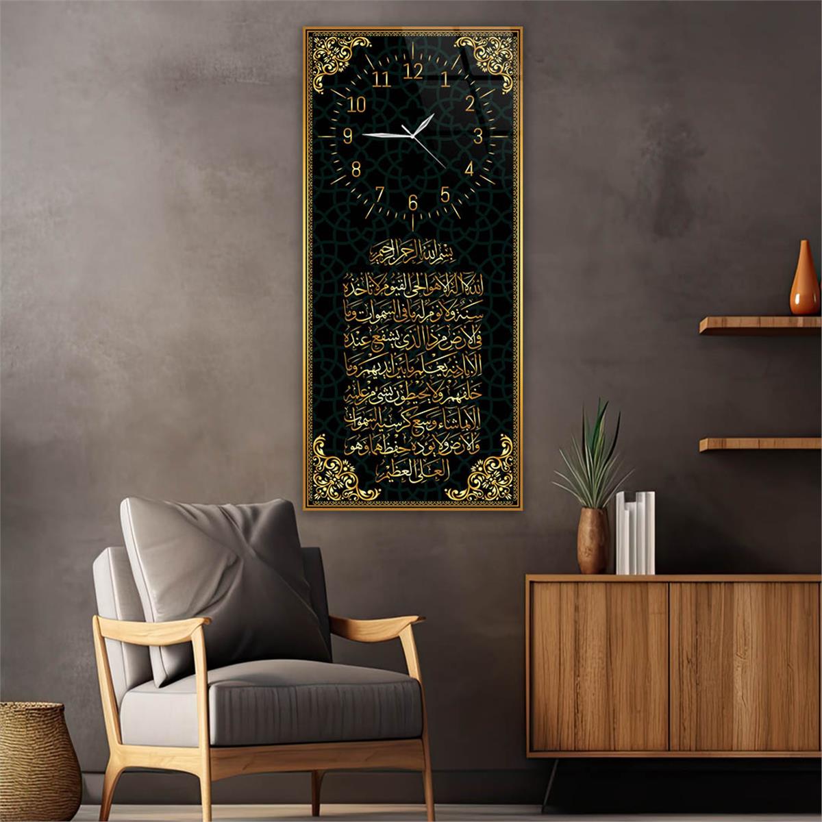 Tableau en verre à thème religieux vertical avec horloge en haut 017