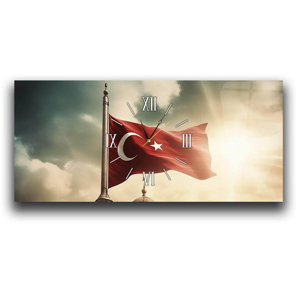 Bulutlar Arasında Dalgalanan Türk Bayrağı Saatli  Cam Tablo 080