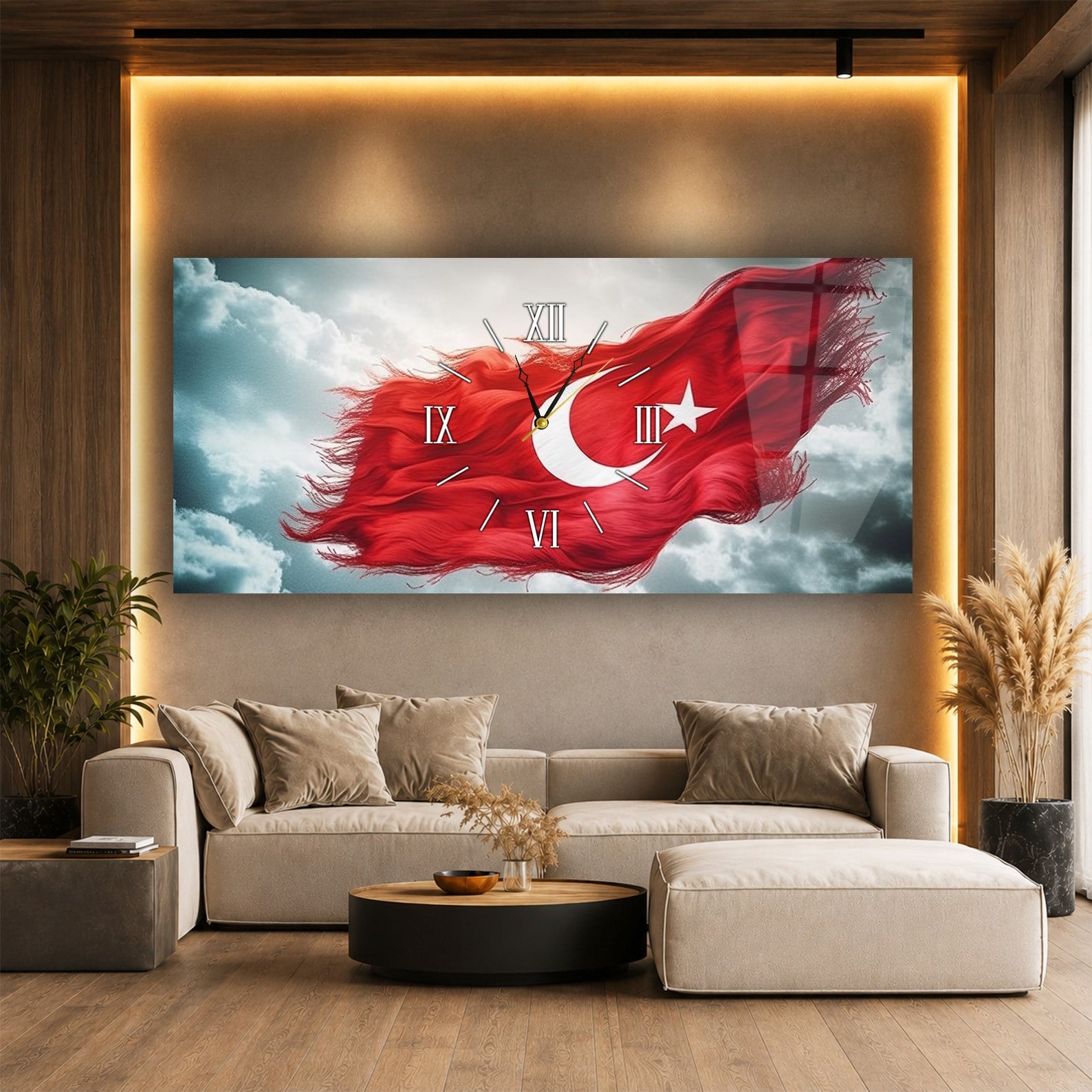 Bulutlar Arasında Dalgalanan Türk Bayrağı Saatli  Cam Tablo 079
